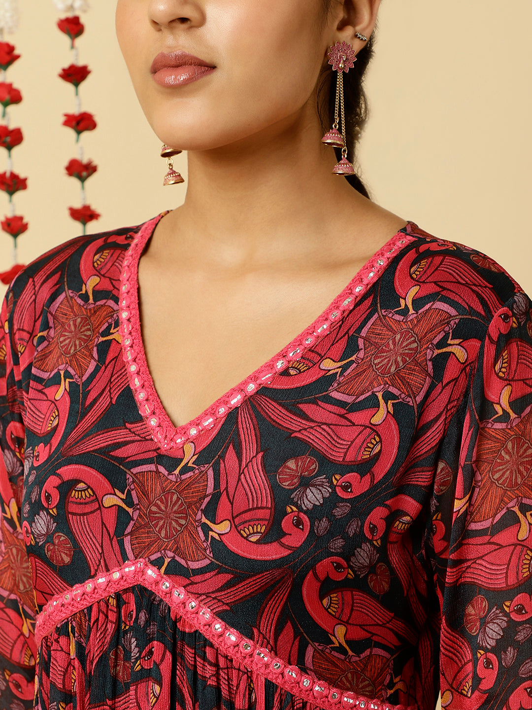 Fuchsia Animal Print Flared Kurta With Dupatta