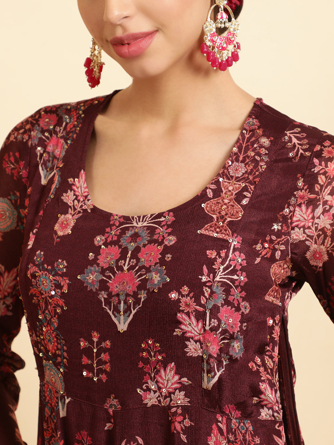 Wine Ethnic Printed Zardozi Anarkali With Churidar And Dupatta