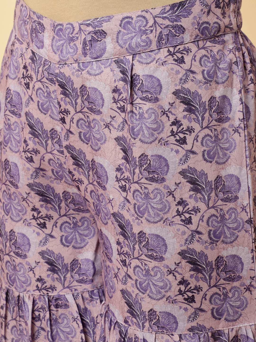 Lavender Floral Print Flared Kurta With Sharara