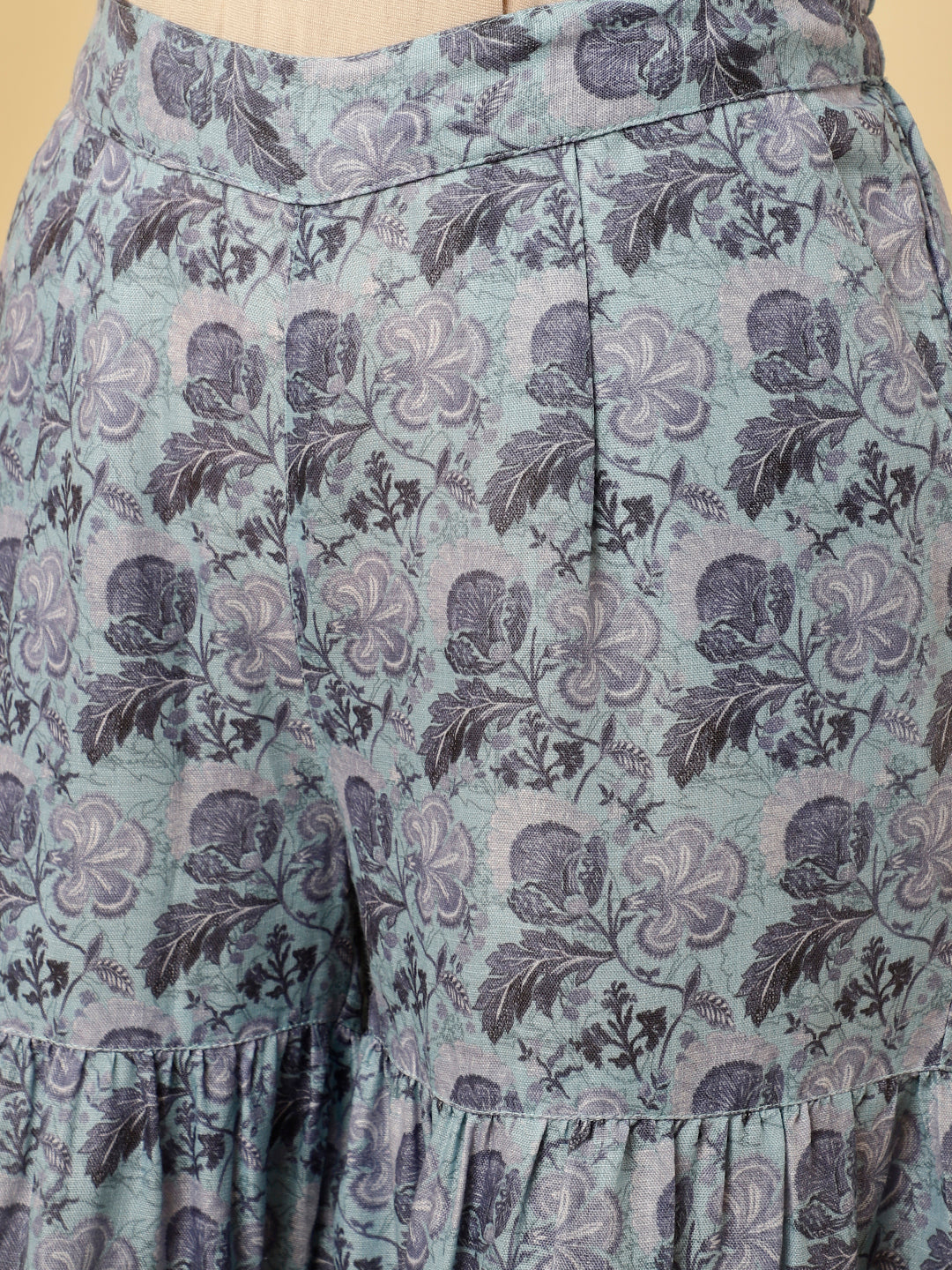 Blue Floral Print Flared Kurta With Sharara