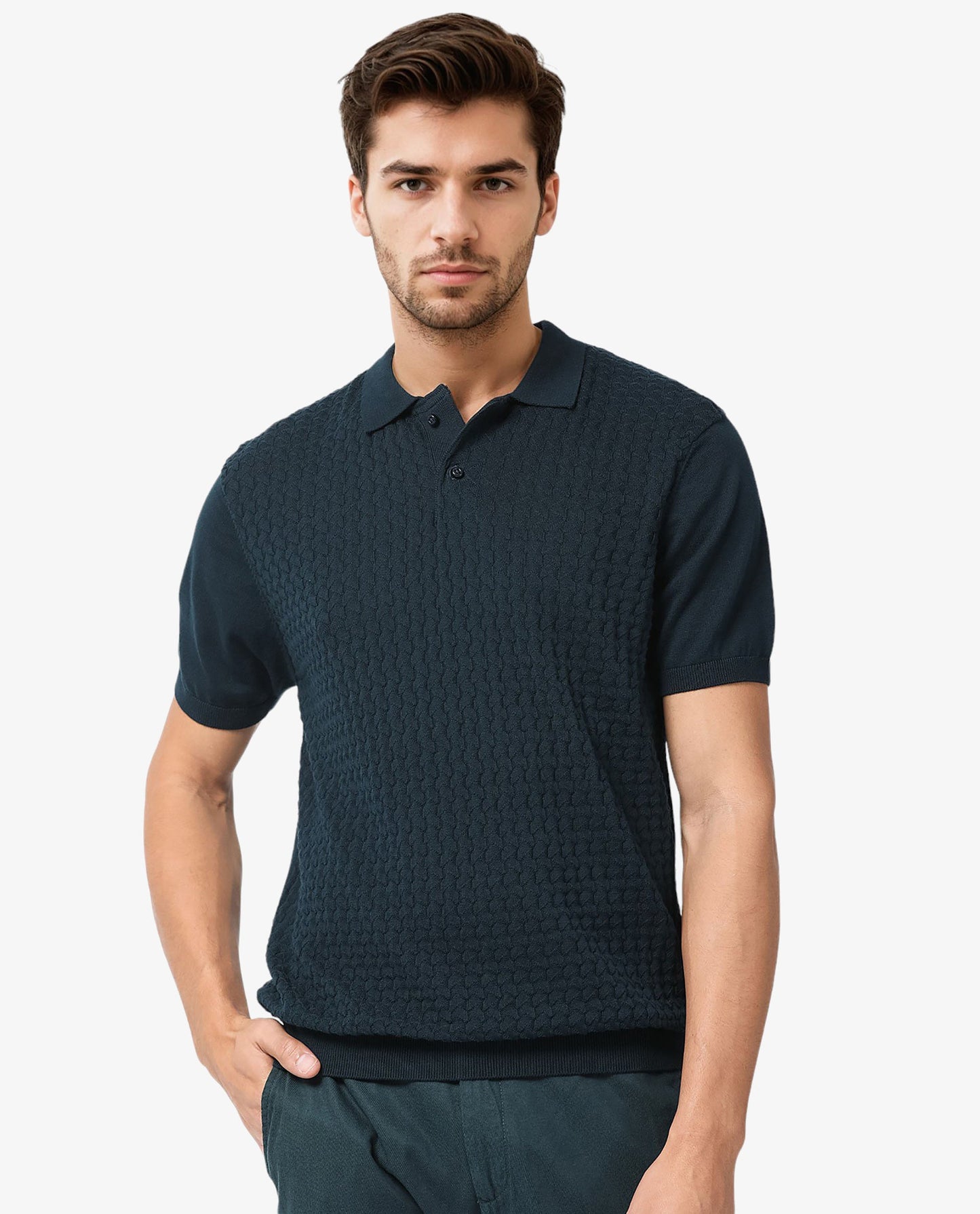 Rare Rabbit Men's Lincos Petrol Cotton Fabric Collared Neck Half Sleeves Textured Polo T-Shirt