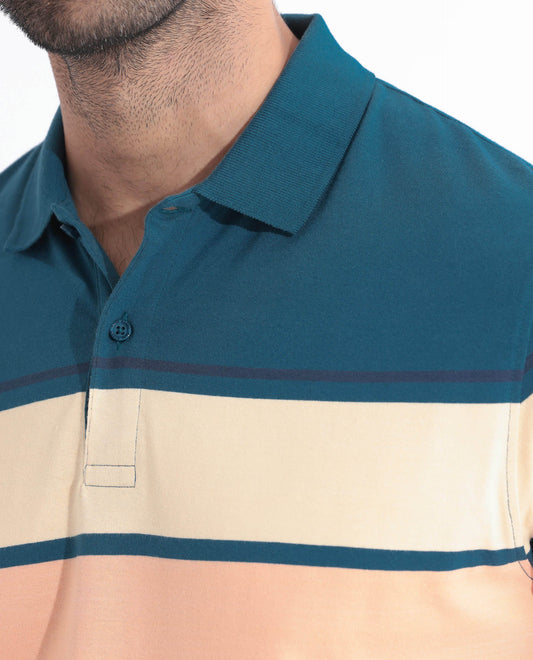 Rare Rabbit Men's Albans Dark Navy Cotton Fabric Collared Neck Half Sleeves Striped Polo