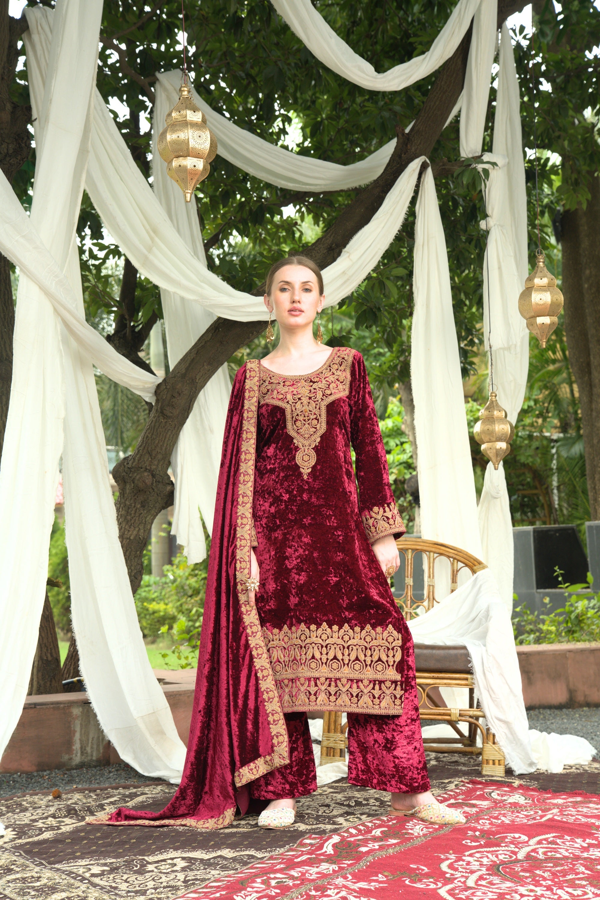 Maroon Designer Velvet Pakistani Suit Set