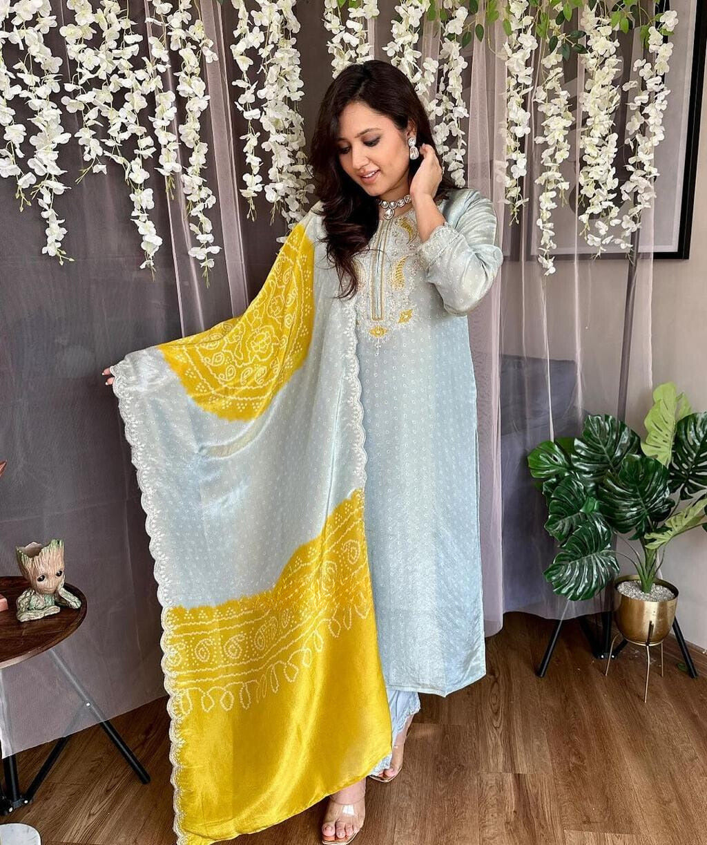 Pastel Blue Embroidered Silk Suit Set with Dupatta
