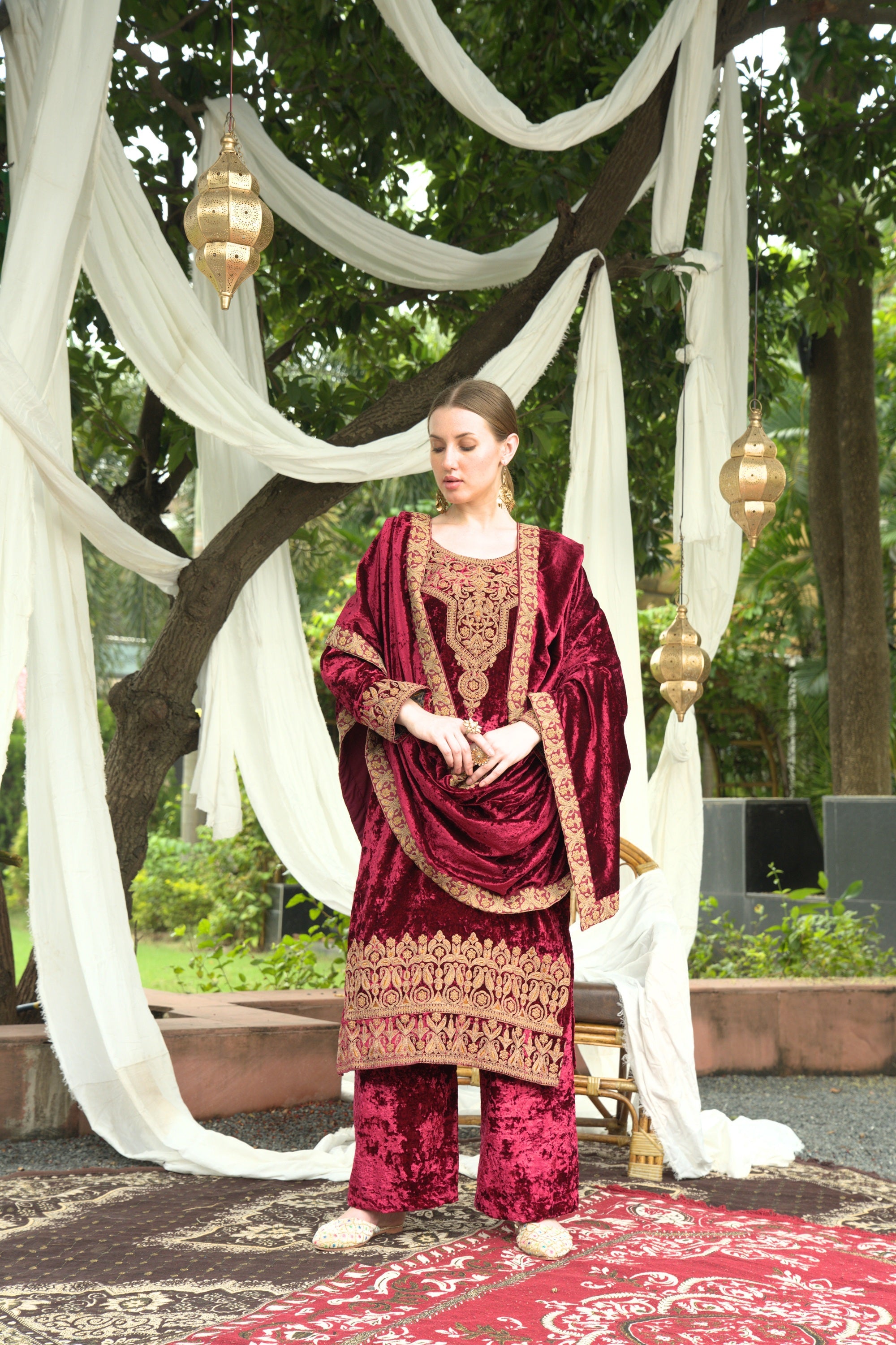 Maroon Designer Velvet Pakistani Suit Set