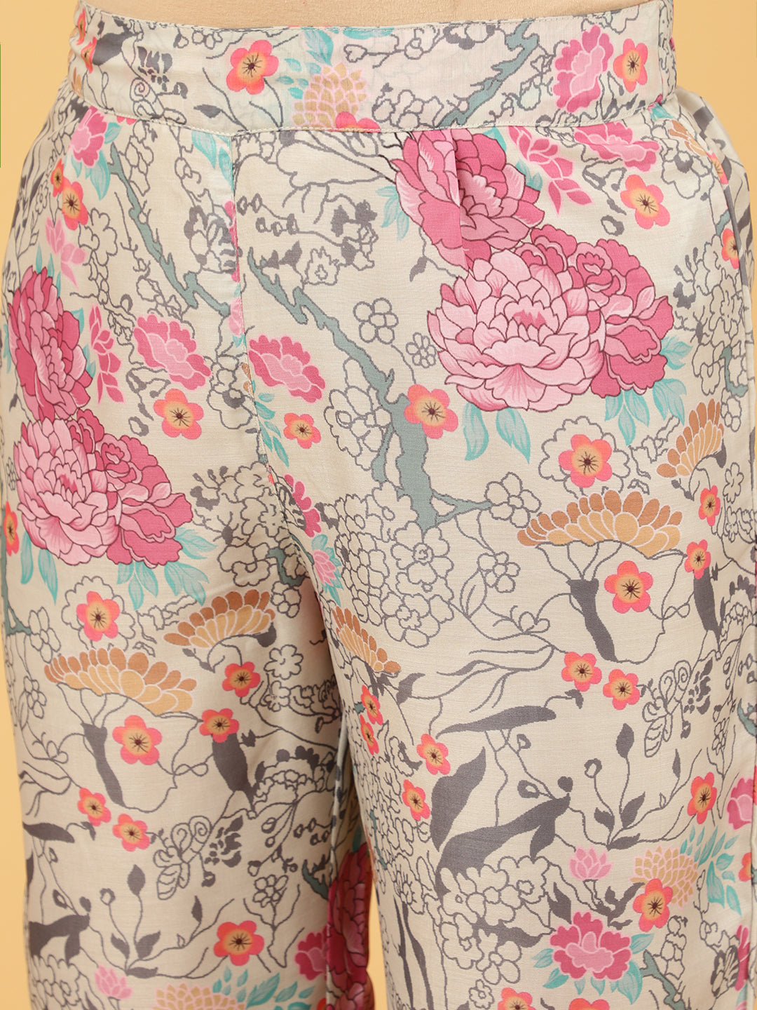 Grey Floral Printed Gathered Kurta With Pants