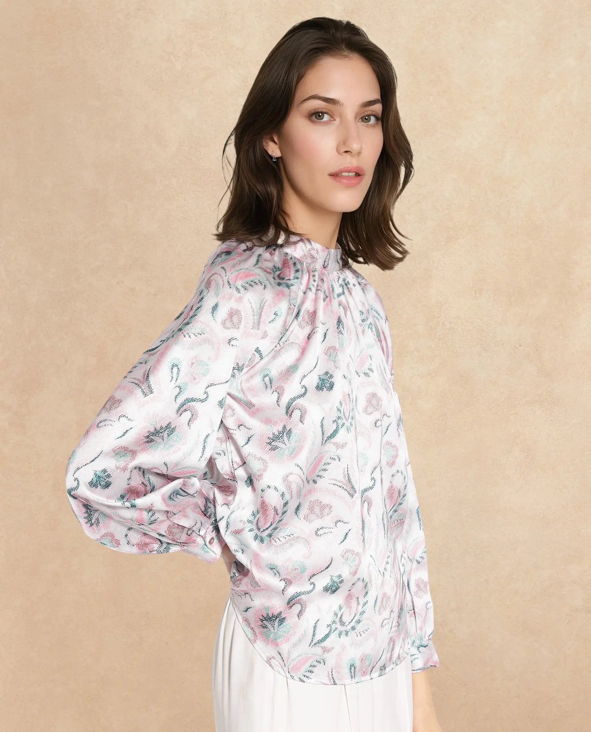 Rareism Women Aaylinn Multi Cuffed Sleeve High Neck Button Relaxed Fit Floral Print Top