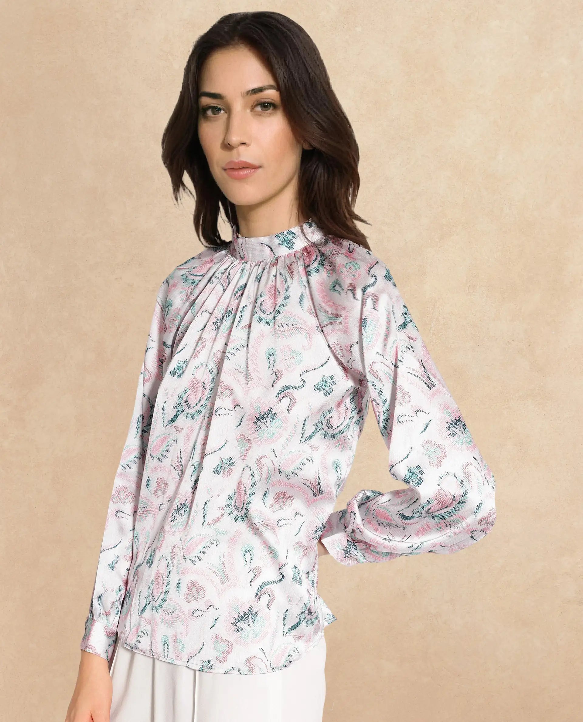 Rareism Women Aaylinn Multi Cuffed Sleeve High Neck Button Relaxed Fit Floral Print Top