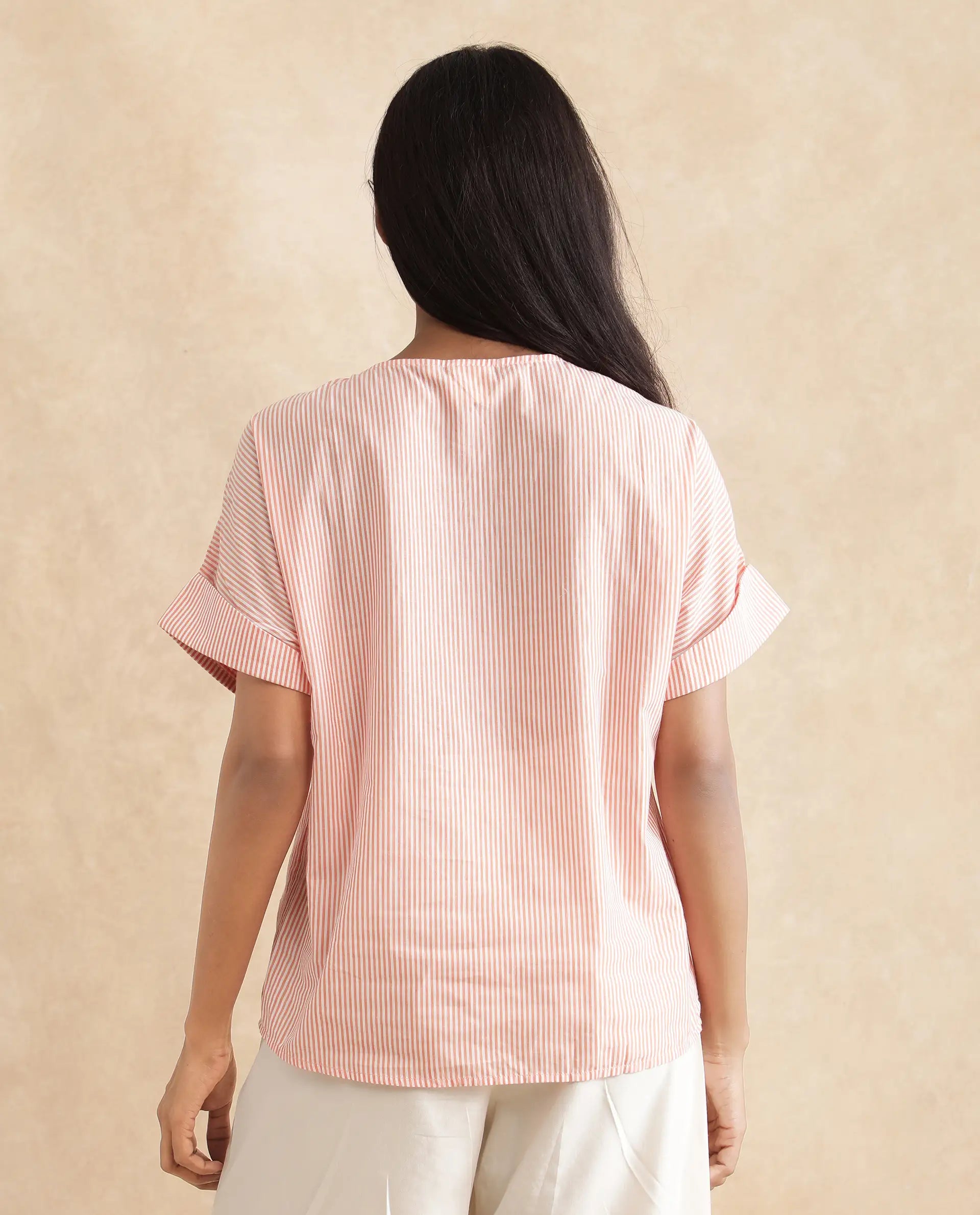 Rareism Women Abdoo Orange Cotton Fabric Short Sleeve V-Neck   Stripe Top