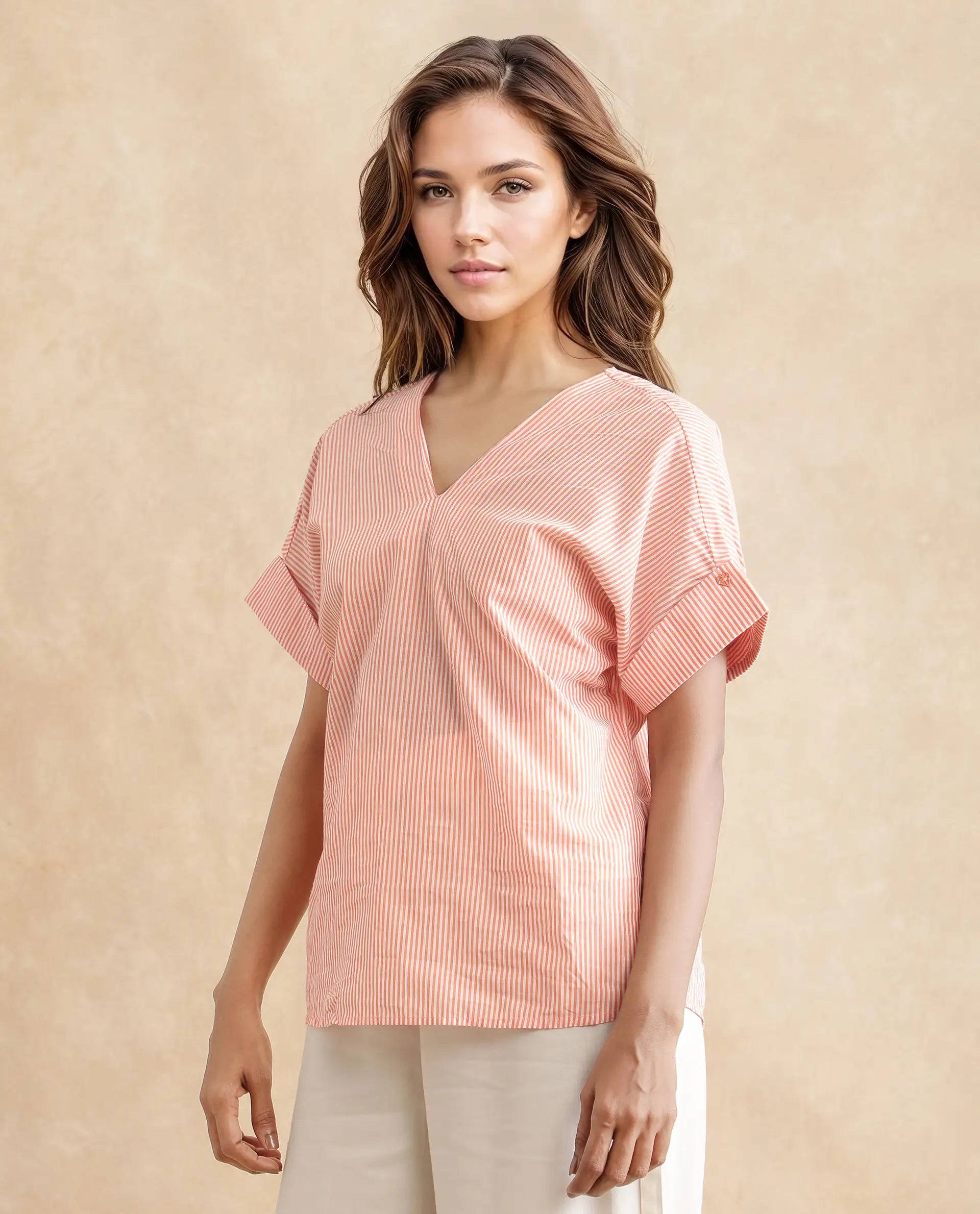 Rareism Women Abdoo Orange Cotton Fabric Short Sleeve V-Neck   Stripe Top