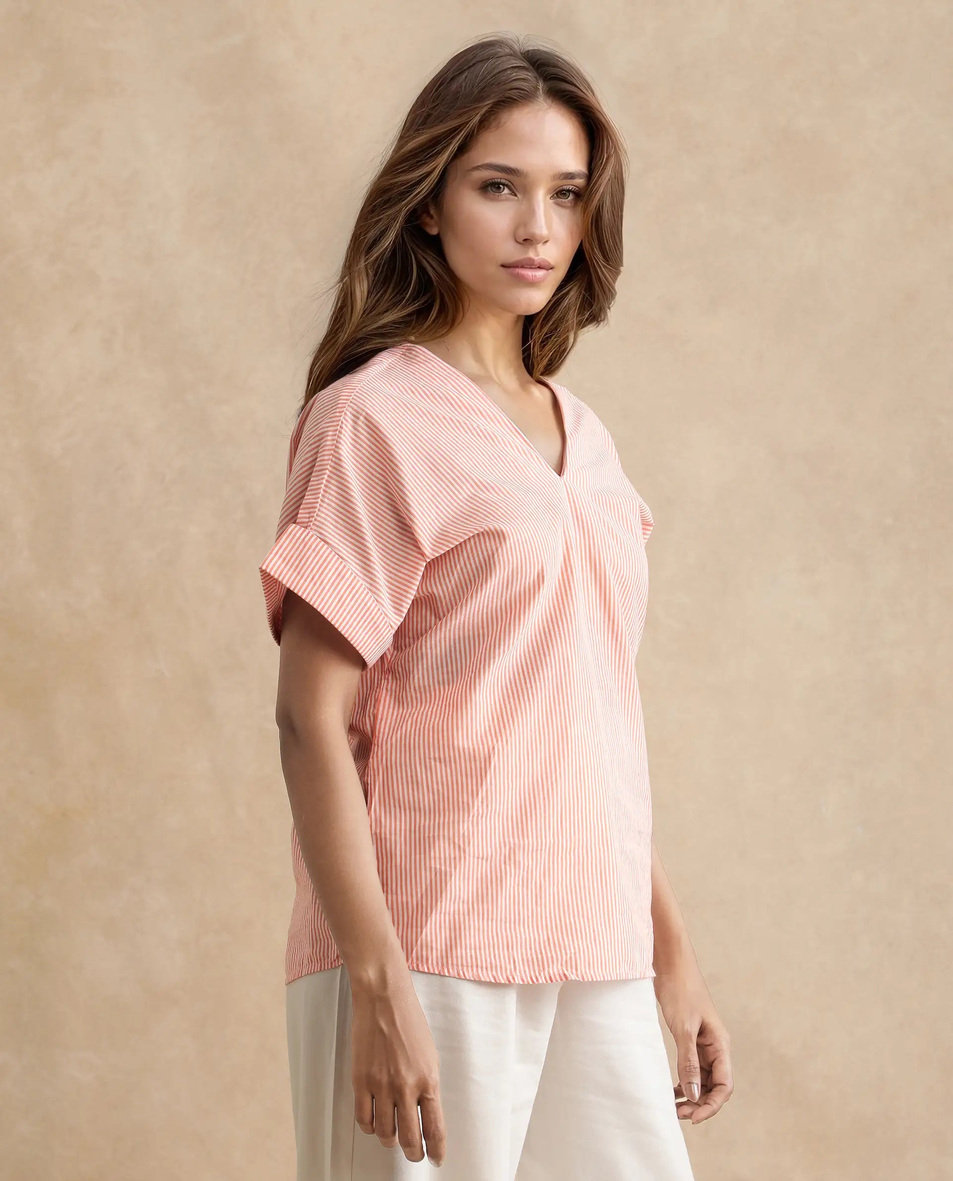 Rareism Women Abdoo Orange Cotton Fabric Short Sleeve V-Neck   Stripe Top