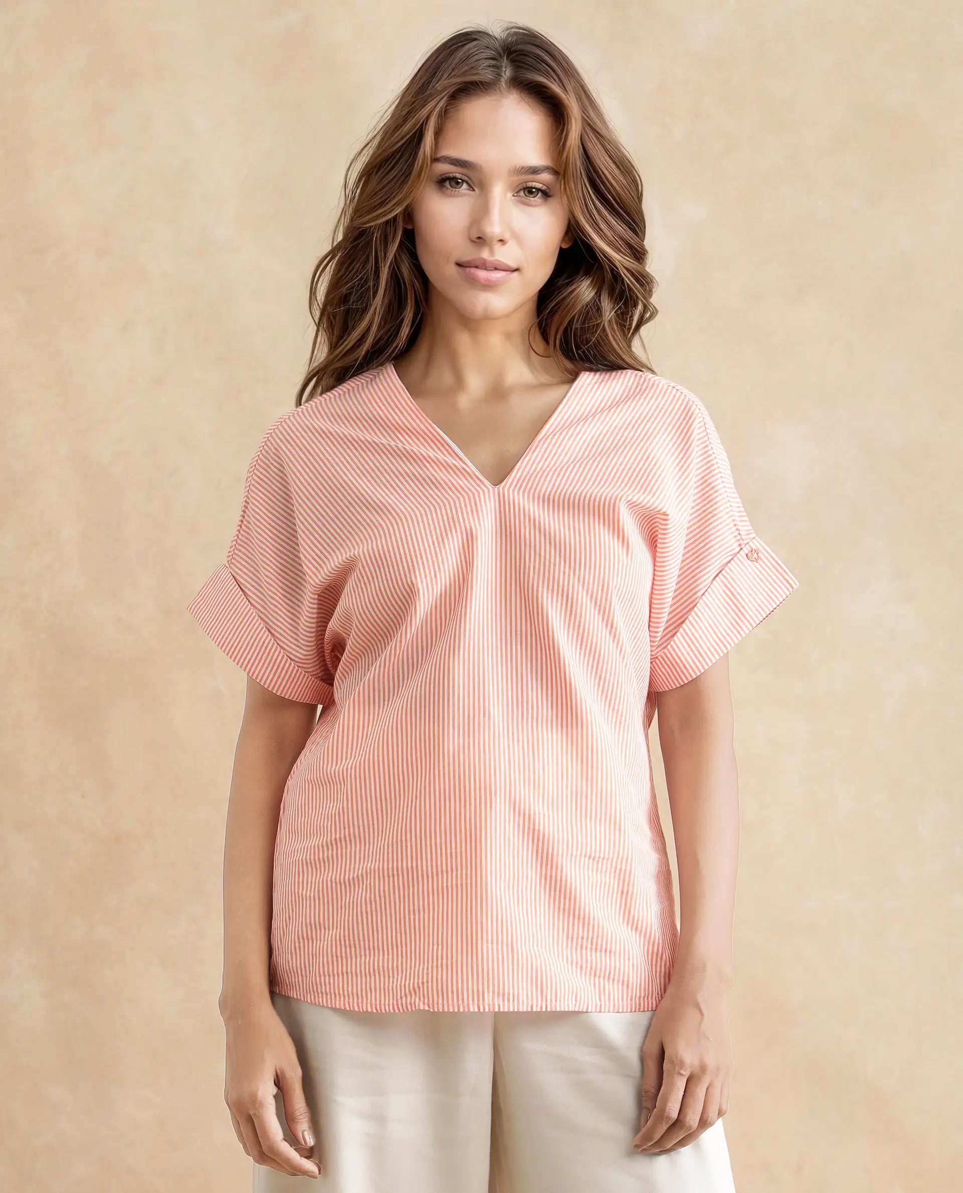 Rareism Women Abdoo Orange Cotton Fabric Short Sleeve V-Neck   Stripe Top