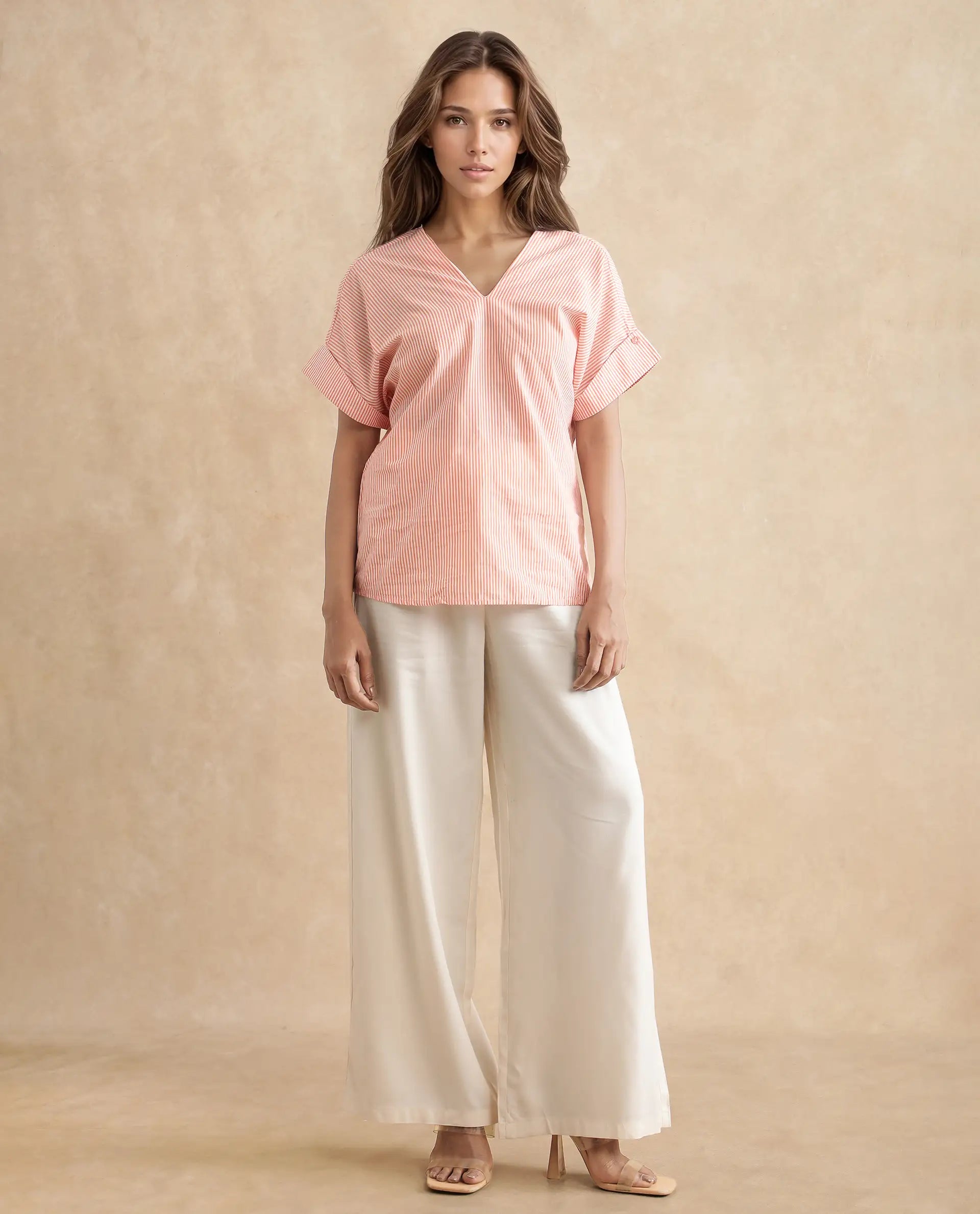 Rareism Women Abdoo Orange Cotton Fabric Short Sleeve V-Neck   Stripe Top