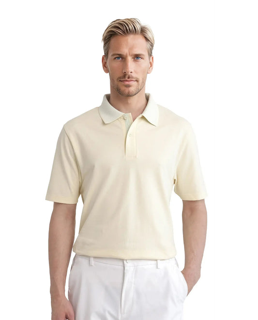 Rare Rabbit Men Abit Light Yellow Cotton Blend Fabric Short Sleeve Jacquard Collar with Tape Detailed Placket Button Closure Plain Polo