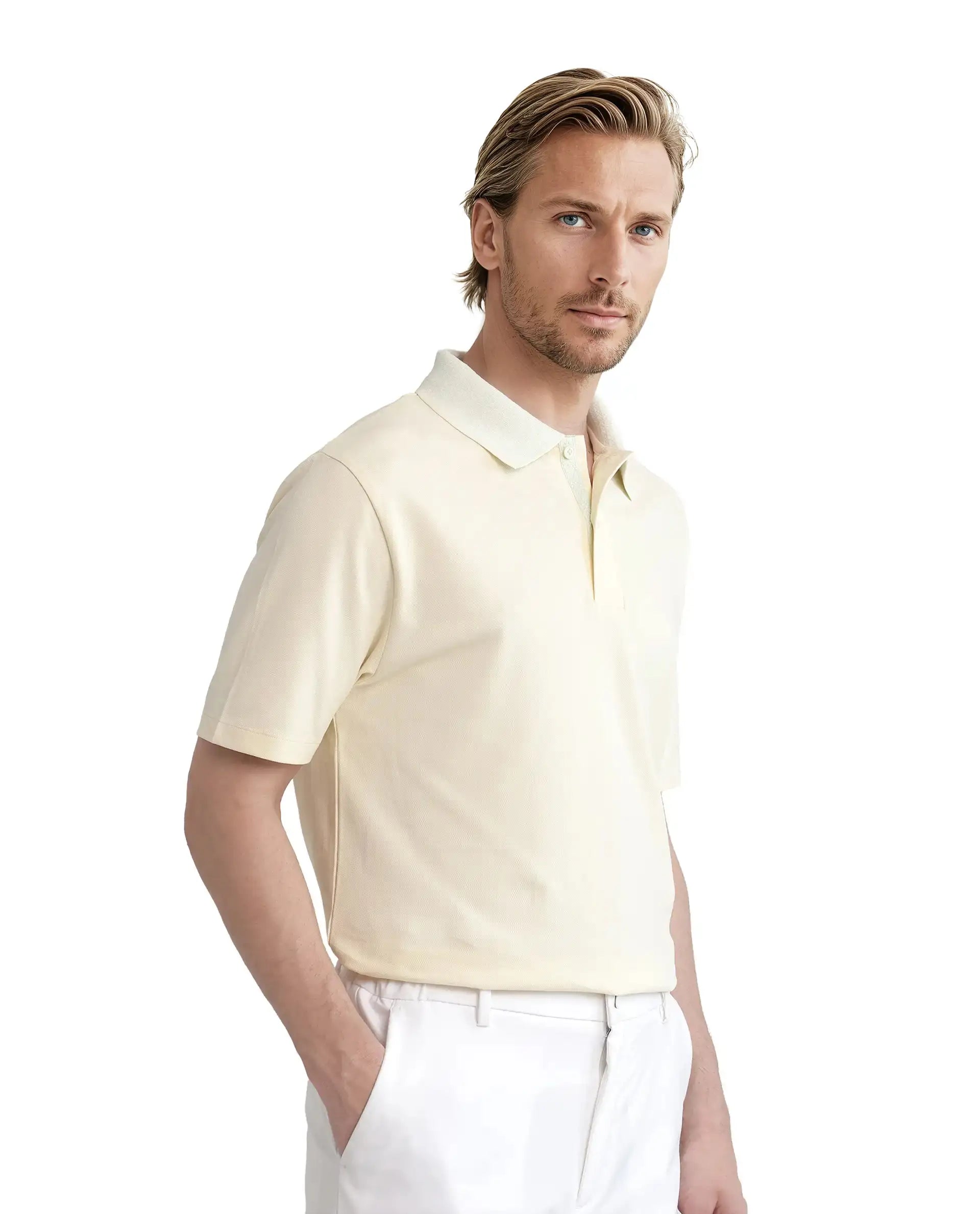 Rare Rabbit Men Abit Light Yellow Cotton Blend Fabric Short Sleeve Jacquard Collar with Tape Detailed Placket Button Closure Plain Polo