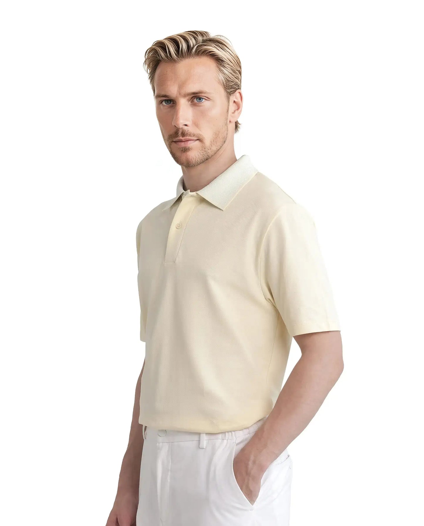 Rare Rabbit Men Abit Light Yellow Cotton Blend Fabric Short Sleeve Jacquard Collar with Tape Detailed Placket Button Closure Plain Polo