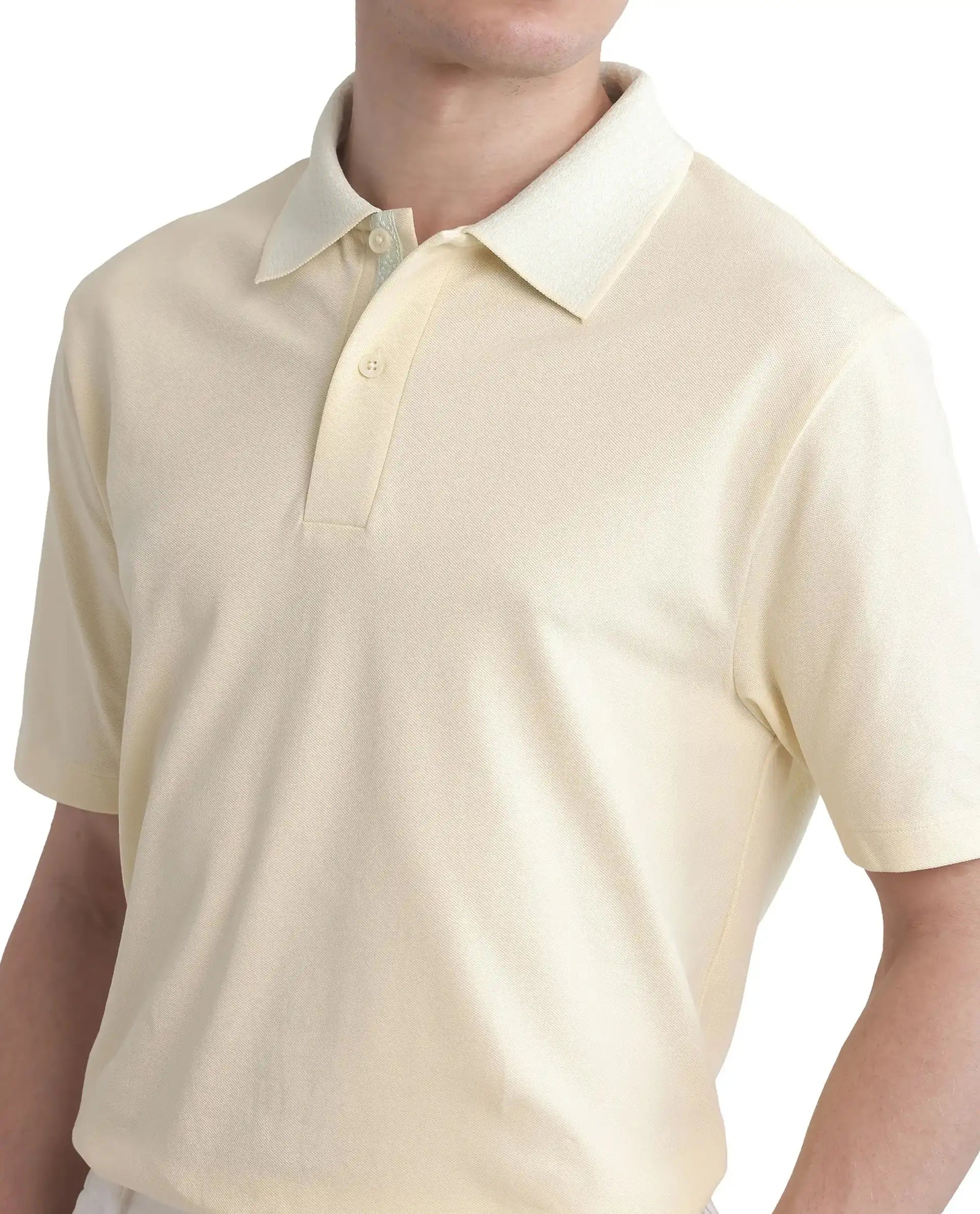 Rare Rabbit Men Abit Light Yellow Cotton Blend Fabric Short Sleeve Jacquard Collar with Tape Detailed Placket Button Closure Plain Polo