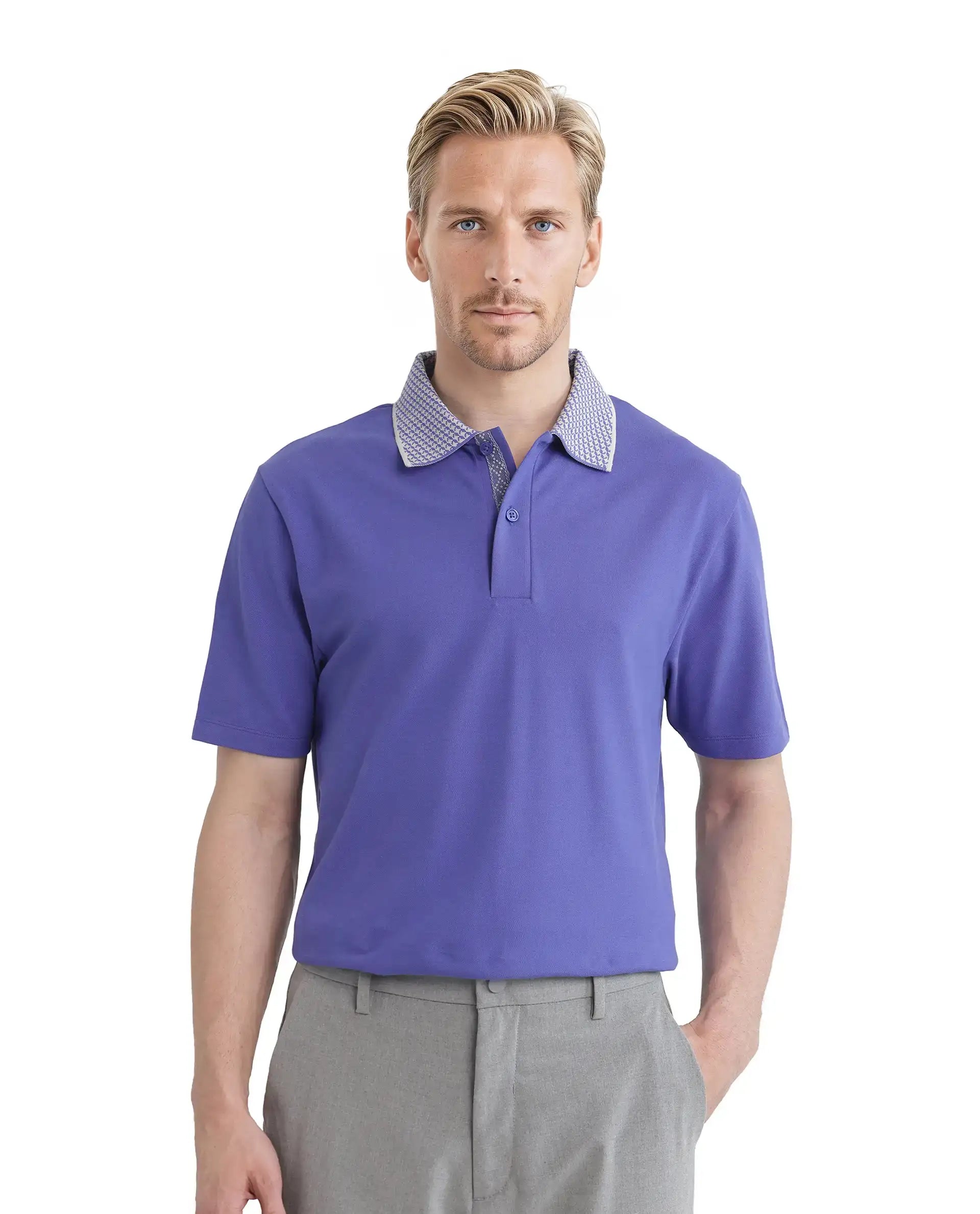 Rare Rabbit Men Abit Purple Cotton Blend Fabric Short Sleeve Jacquard Collar with Tape Detailed Placket Button Closure Plain Polo