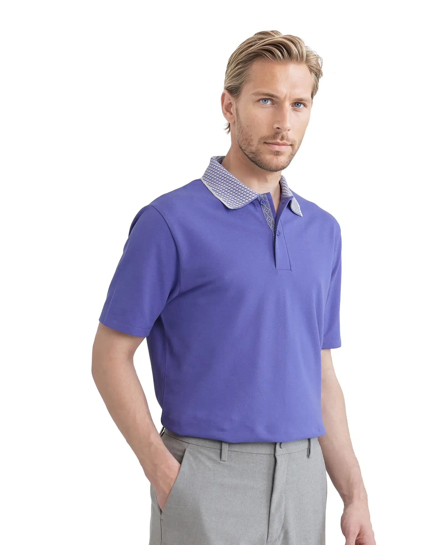 Rare Rabbit Men Abit Purple Cotton Blend Fabric Short Sleeve Jacquard Collar with Tape Detailed Placket Button Closure Plain Polo