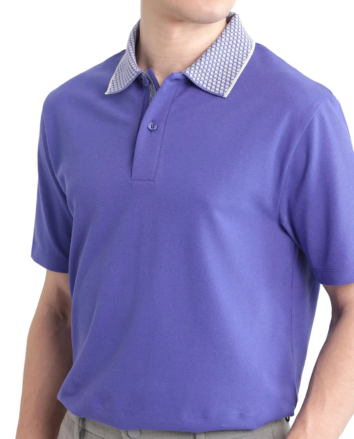 Rare Rabbit Men Abit Purple Cotton Blend Fabric Short Sleeve Jacquard Collar with Tape Detailed Placket Button Closure Plain Polo