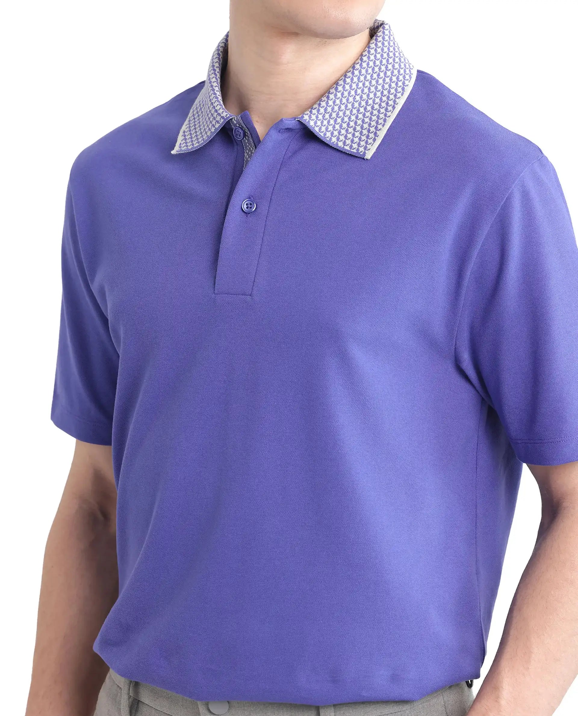 Rare Rabbit Men Abit Purple Cotton Blend Fabric Short Sleeve Jacquard Collar with Tape Detailed Placket Button Closure Plain Polo