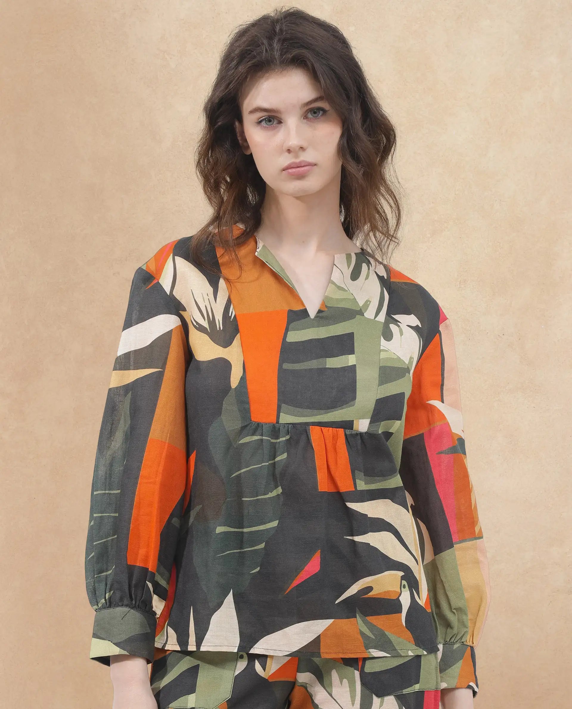 Rareism Women Agenia-T Pastel Multi Cotton Linen Fabric Regular Sleeves V-Neck Abstract Print Regular Length Top