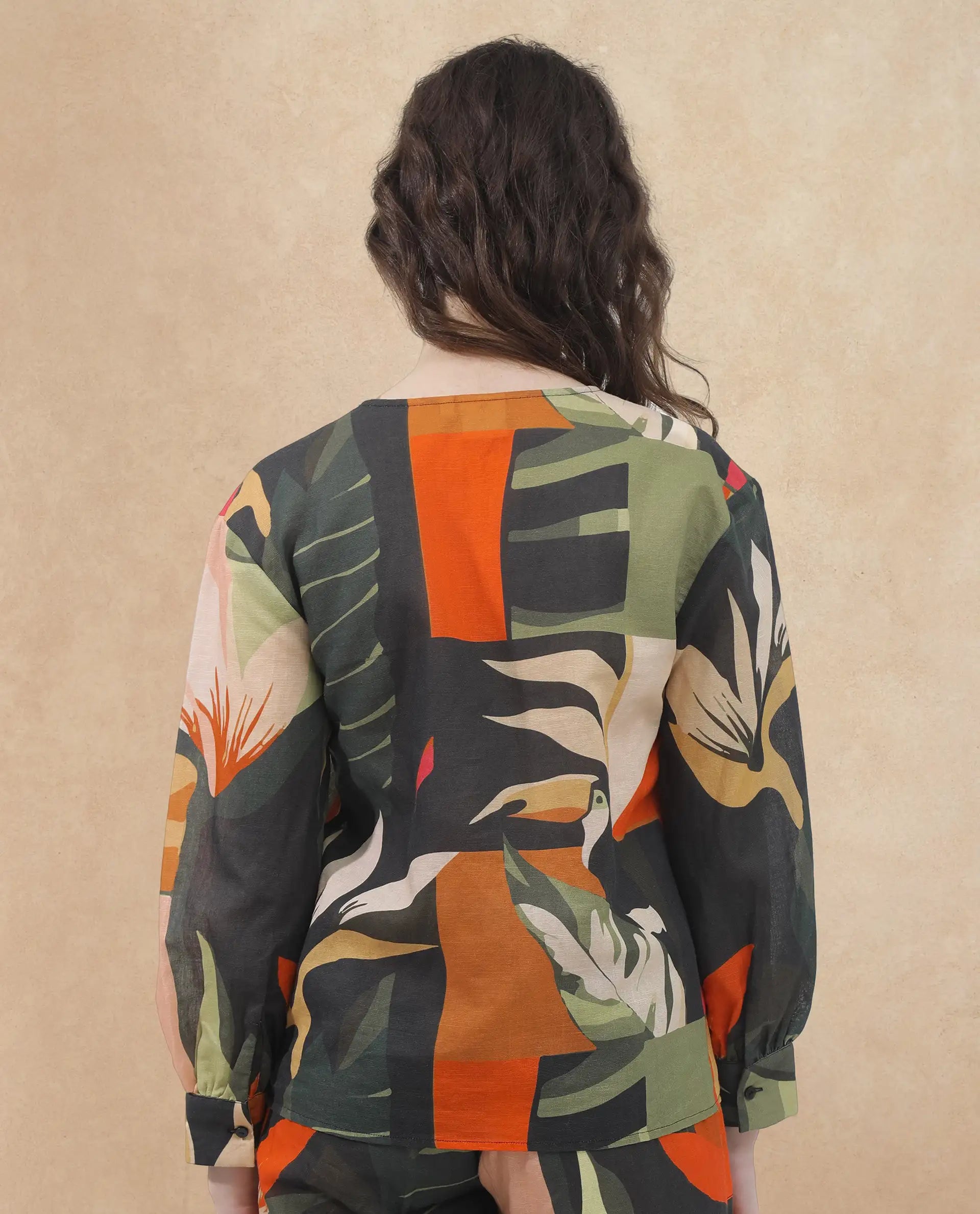 Rareism Women Agenia-T Pastel Multi Cotton Linen Fabric Regular Sleeves V-Neck Abstract Print Regular Length Top