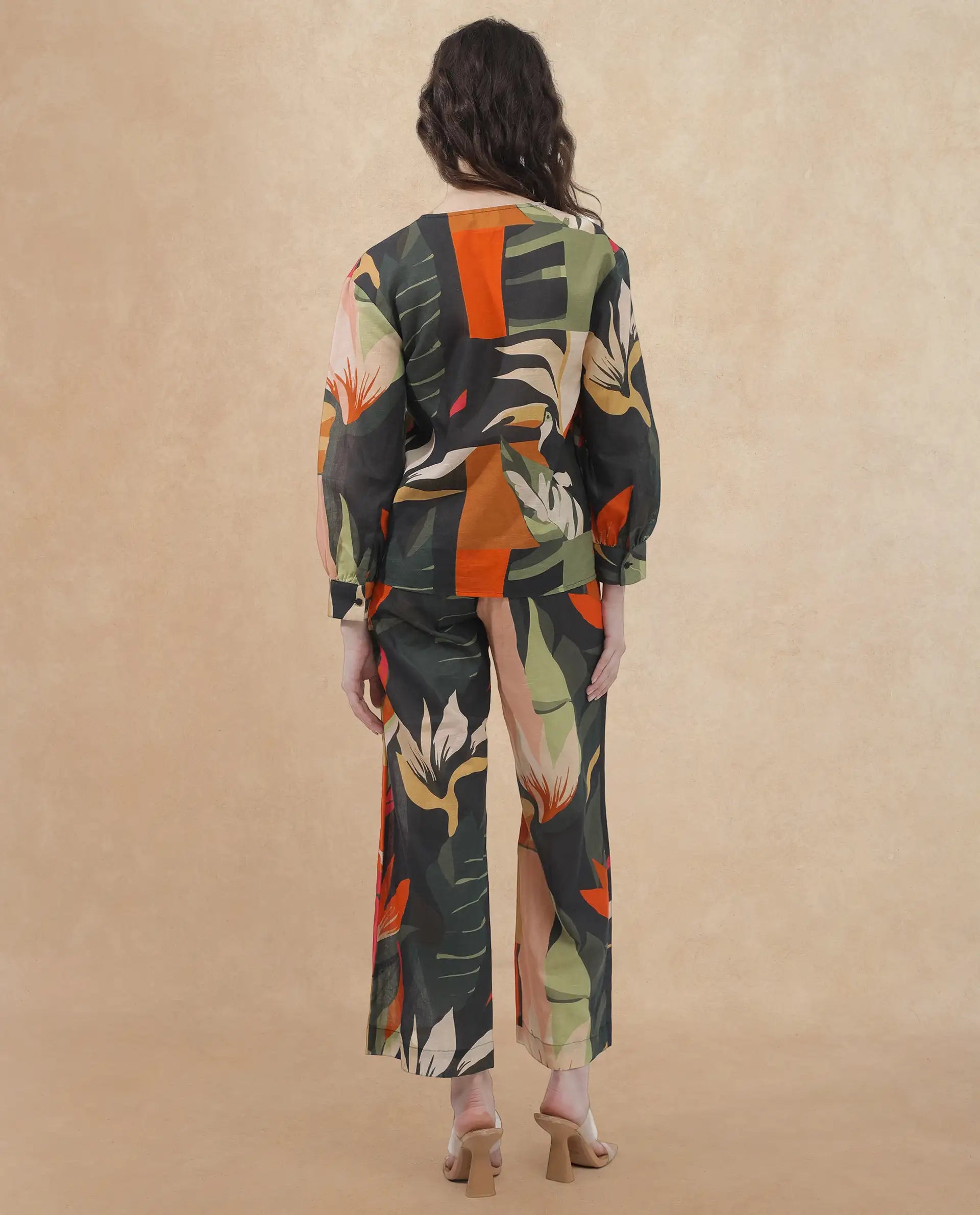 Rareism Women Agenia-T Pastel Multi Cotton Linen Fabric Regular Sleeves V-Neck Abstract Print Regular Length Top