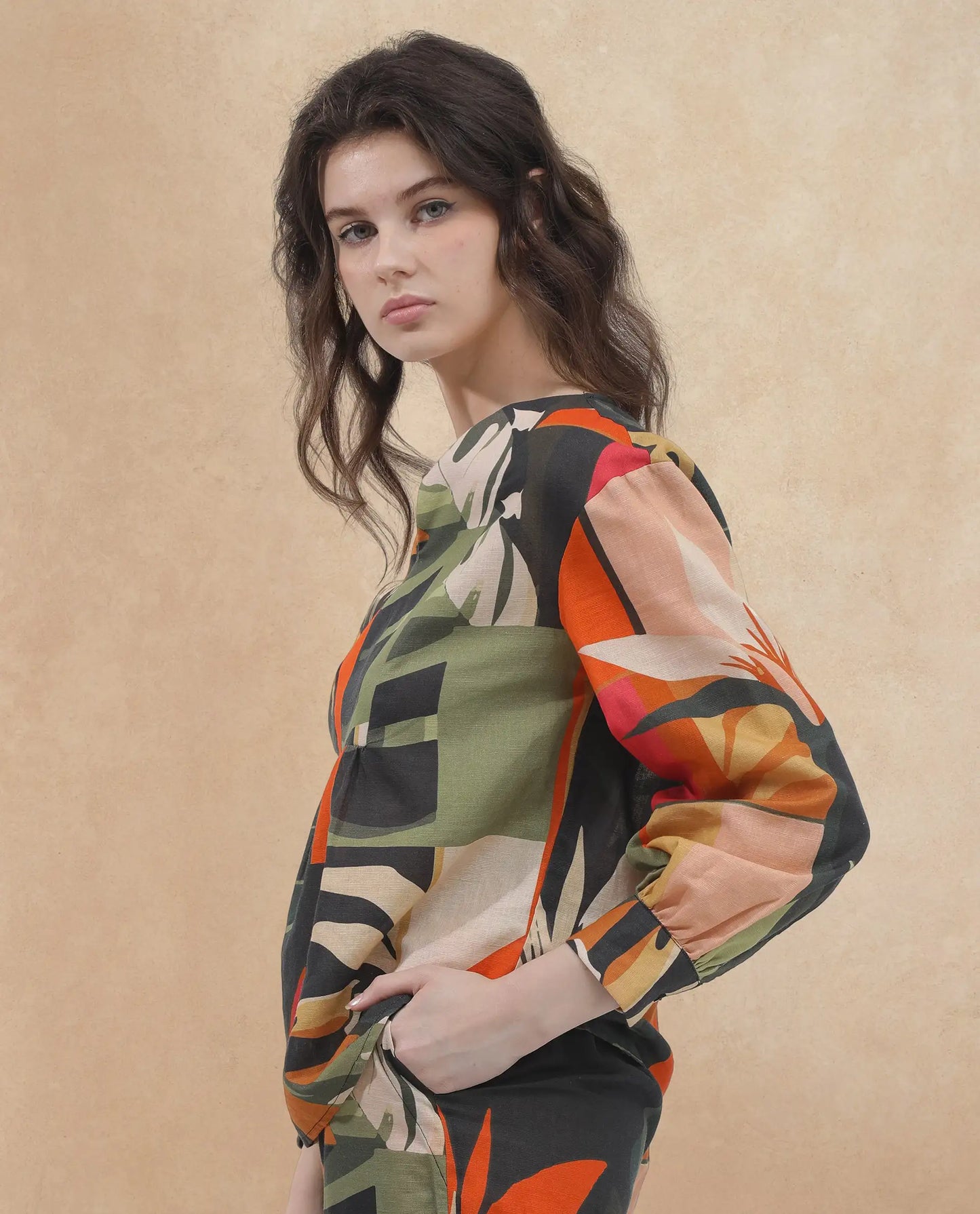 Rareism Women Agenia-T Pastel Multi Cotton Linen Fabric Regular Sleeves V-Neck Abstract Print Regular Length Top