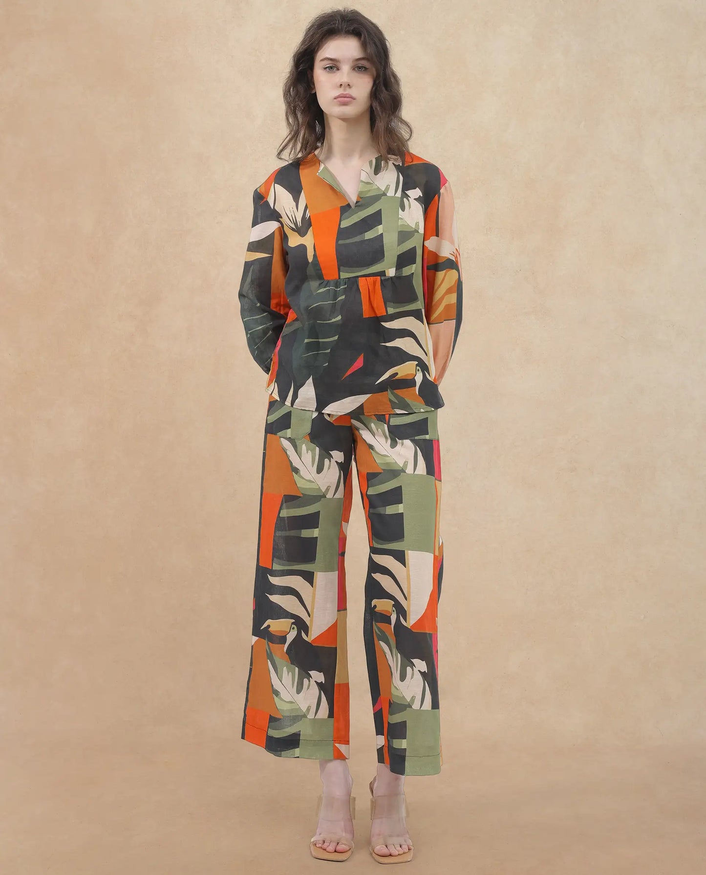 Rareism Women Agenia-T Pastel Multi Cotton Linen Fabric Regular Sleeves V-Neck Abstract Print Regular Length Top