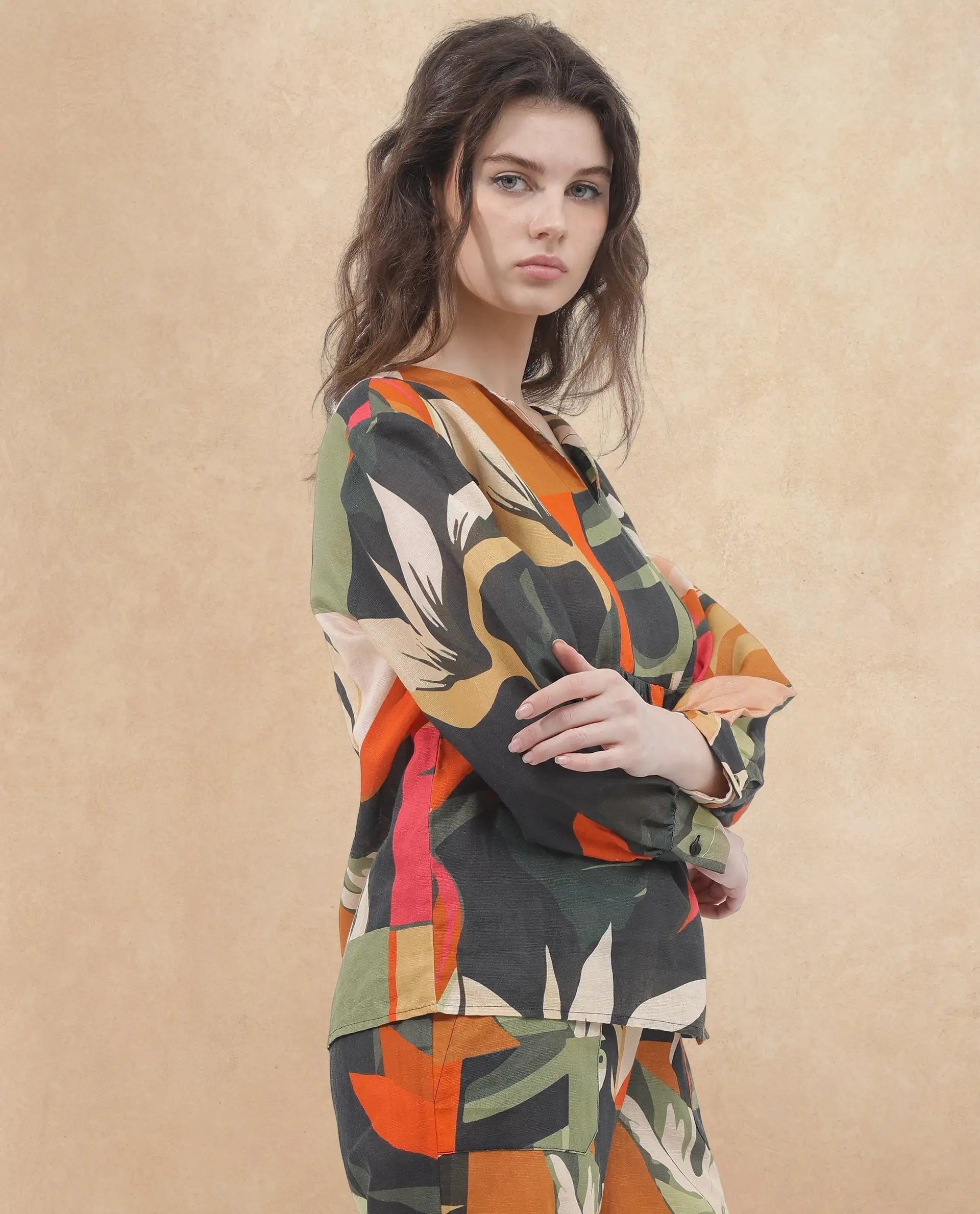 Rareism Women Agenia-T Pastel Multi Cotton Linen Fabric Regular Sleeves V-Neck Abstract Print Regular Length Top