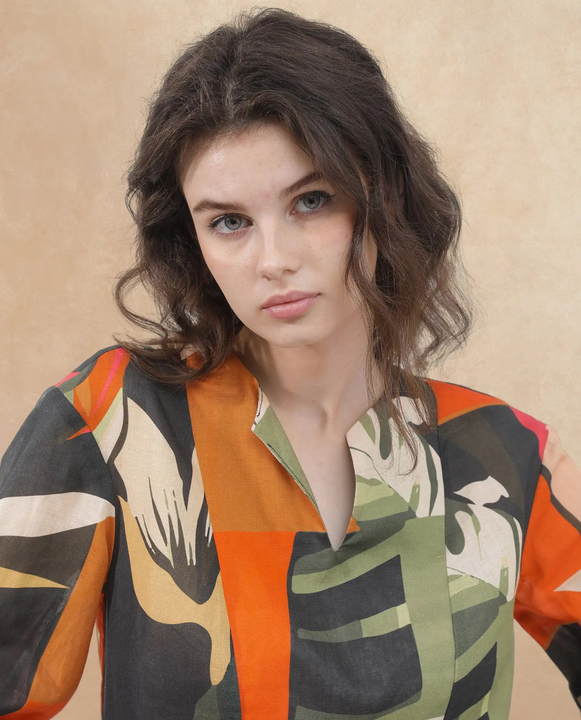 Rareism Women Agenia-T Pastel Multi Cotton Linen Fabric Regular Sleeves V-Neck Abstract Print Regular Length Top