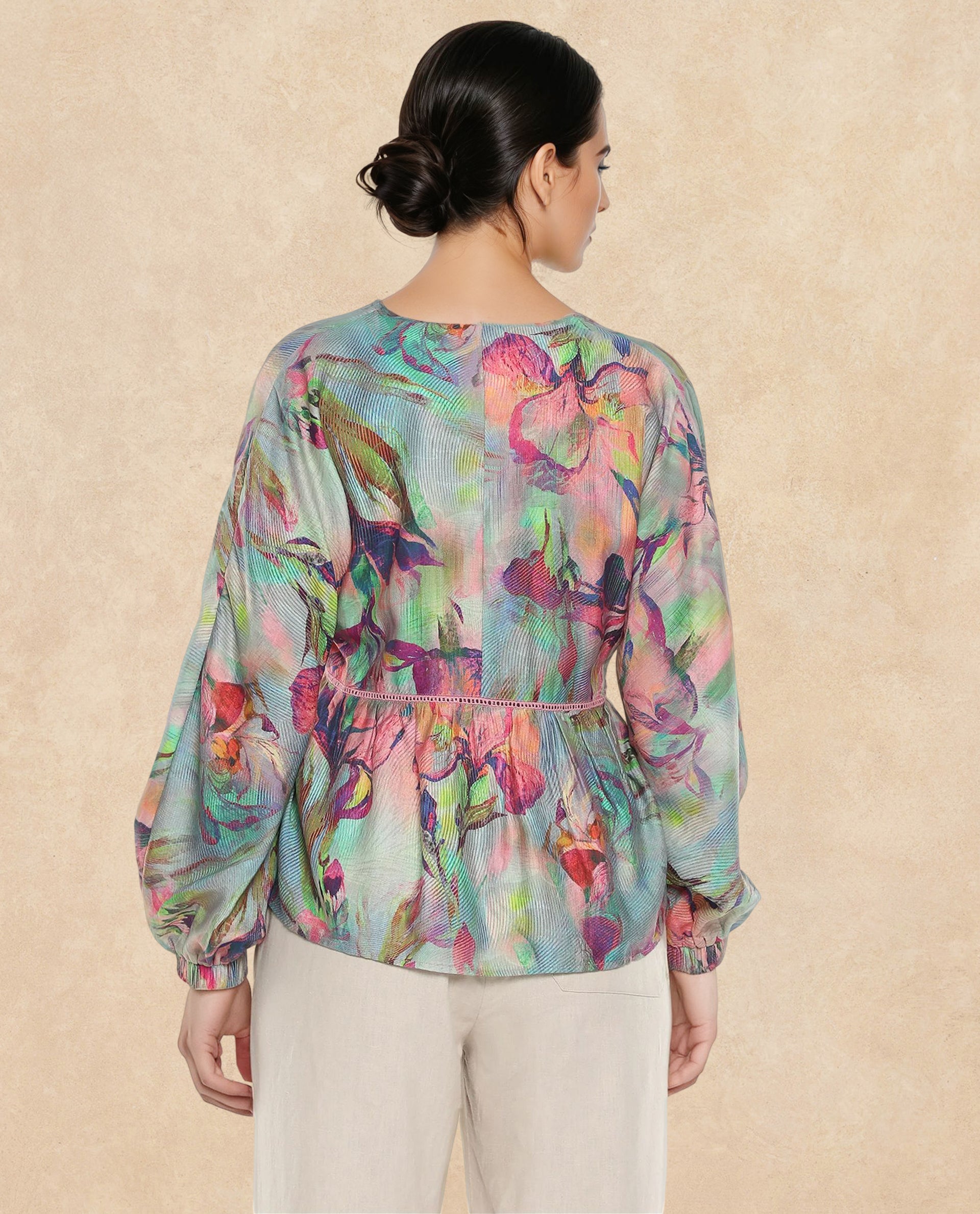 Rareism Women Ajax Multi Bishop Sleeves V-Neck Floral Print Top