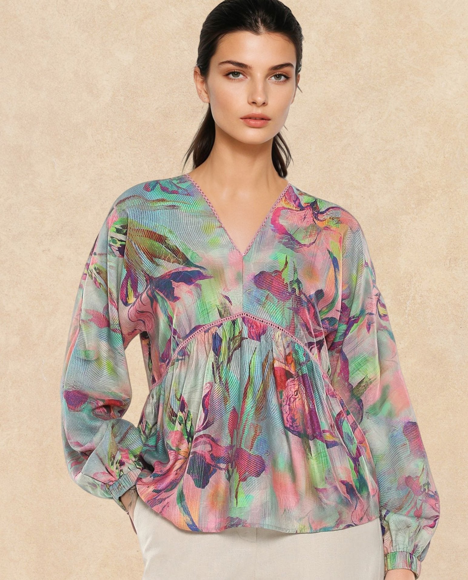 Rareism Women Ajax Multi Bishop Sleeves V-Neck Floral Print Top