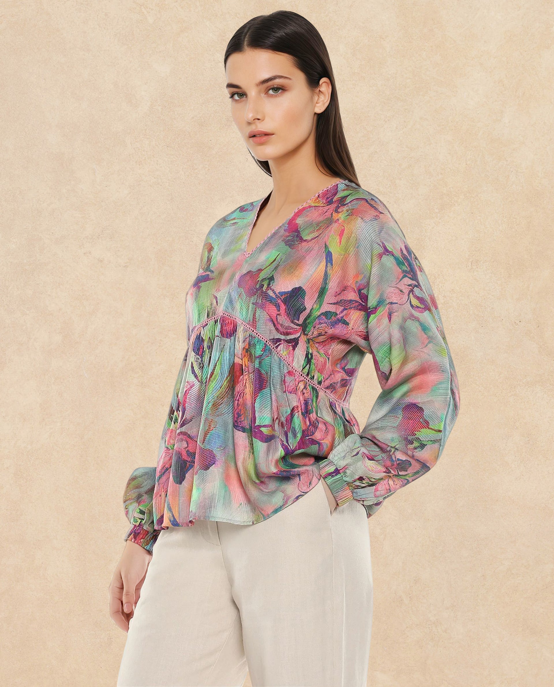 Rareism Women Ajax Multi Bishop Sleeves V-Neck Floral Print Top