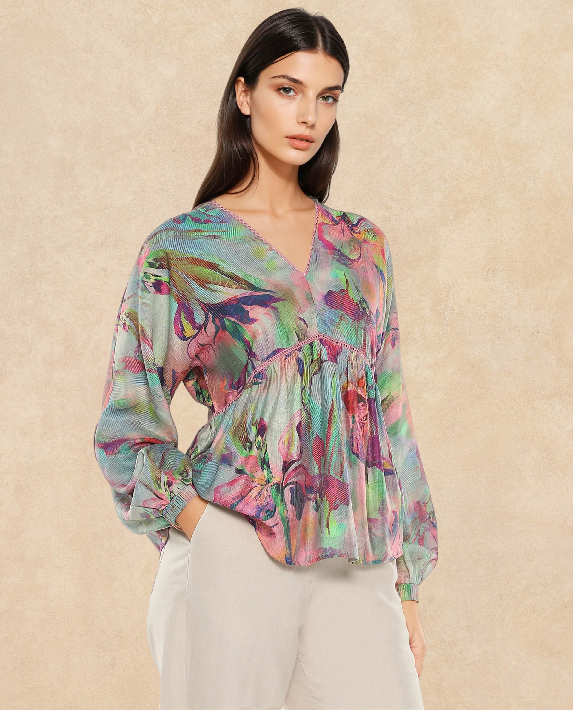 Rareism Women Ajax Multi Bishop Sleeves V-Neck Floral Print Top