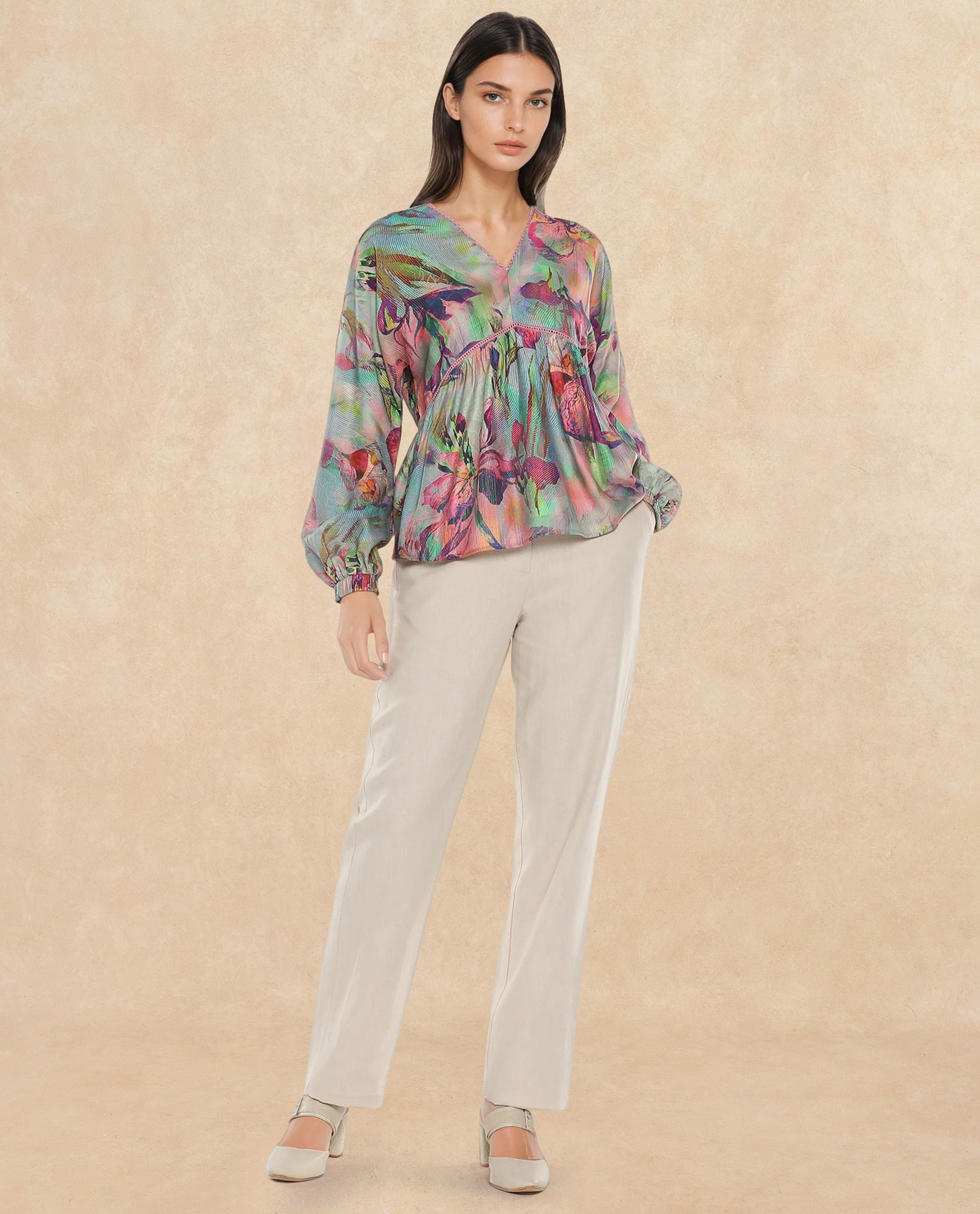 Rareism Women Ajax Multi Bishop Sleeves V-Neck Floral Print Top