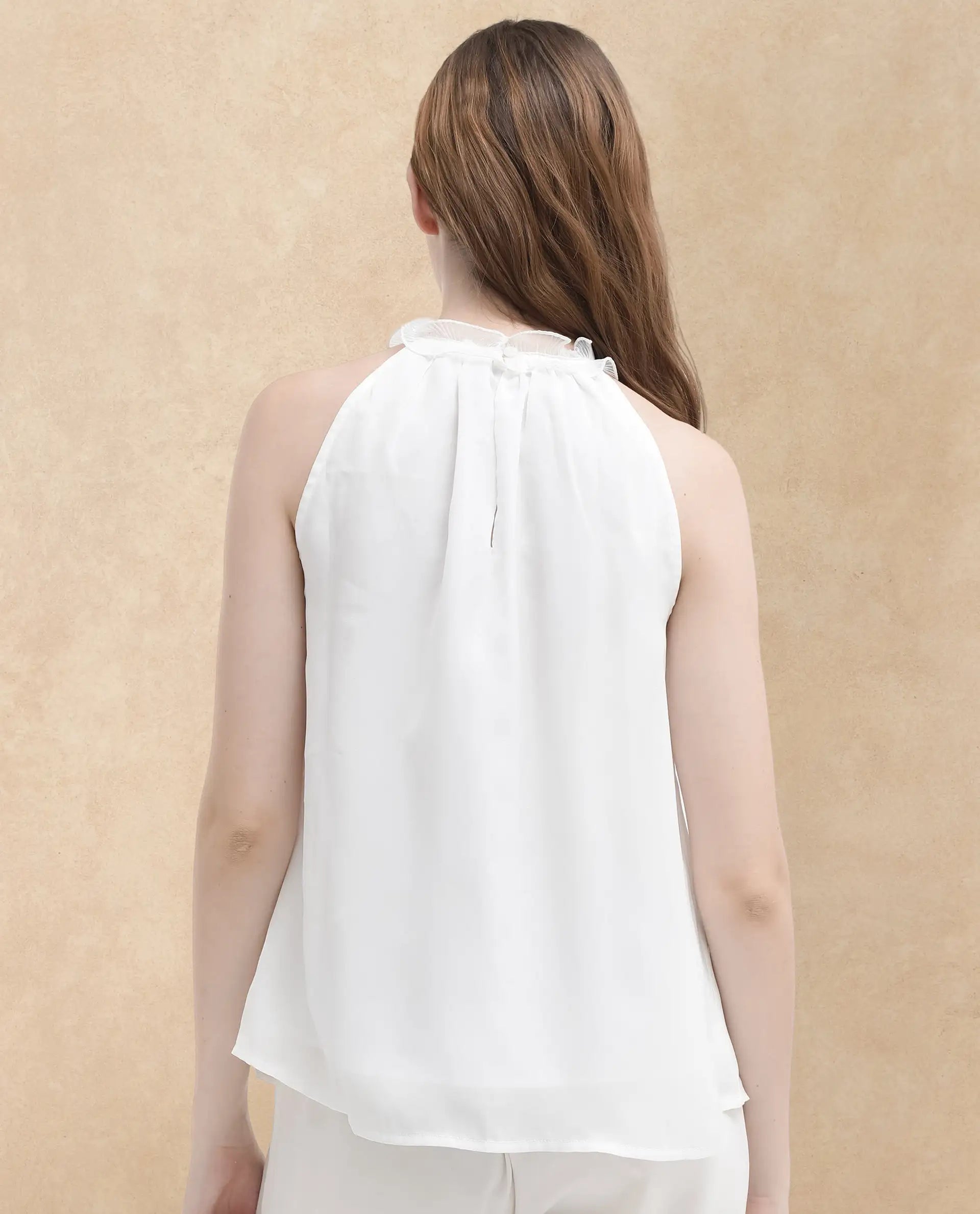 Rareism Women Akane White Polyester Fabric Halter neck Sleeveless Round Neck  Solid Top