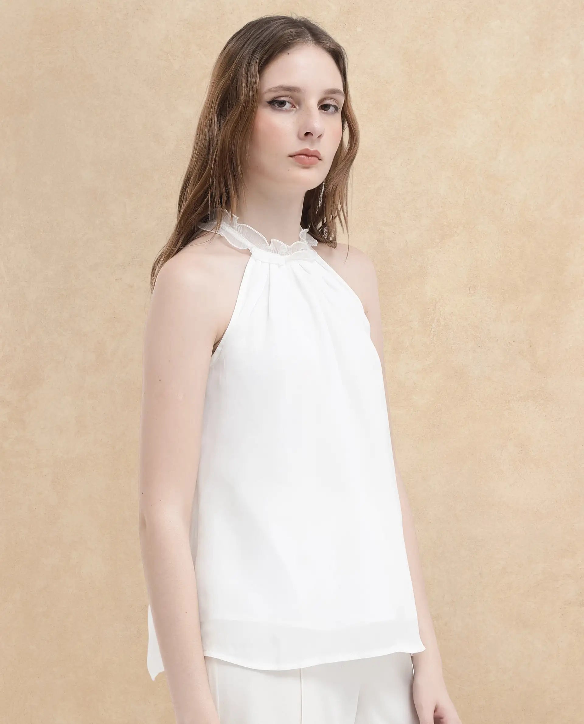 Rareism Women Akane White Polyester Fabric Halter neck Sleeveless Round Neck  Solid Top