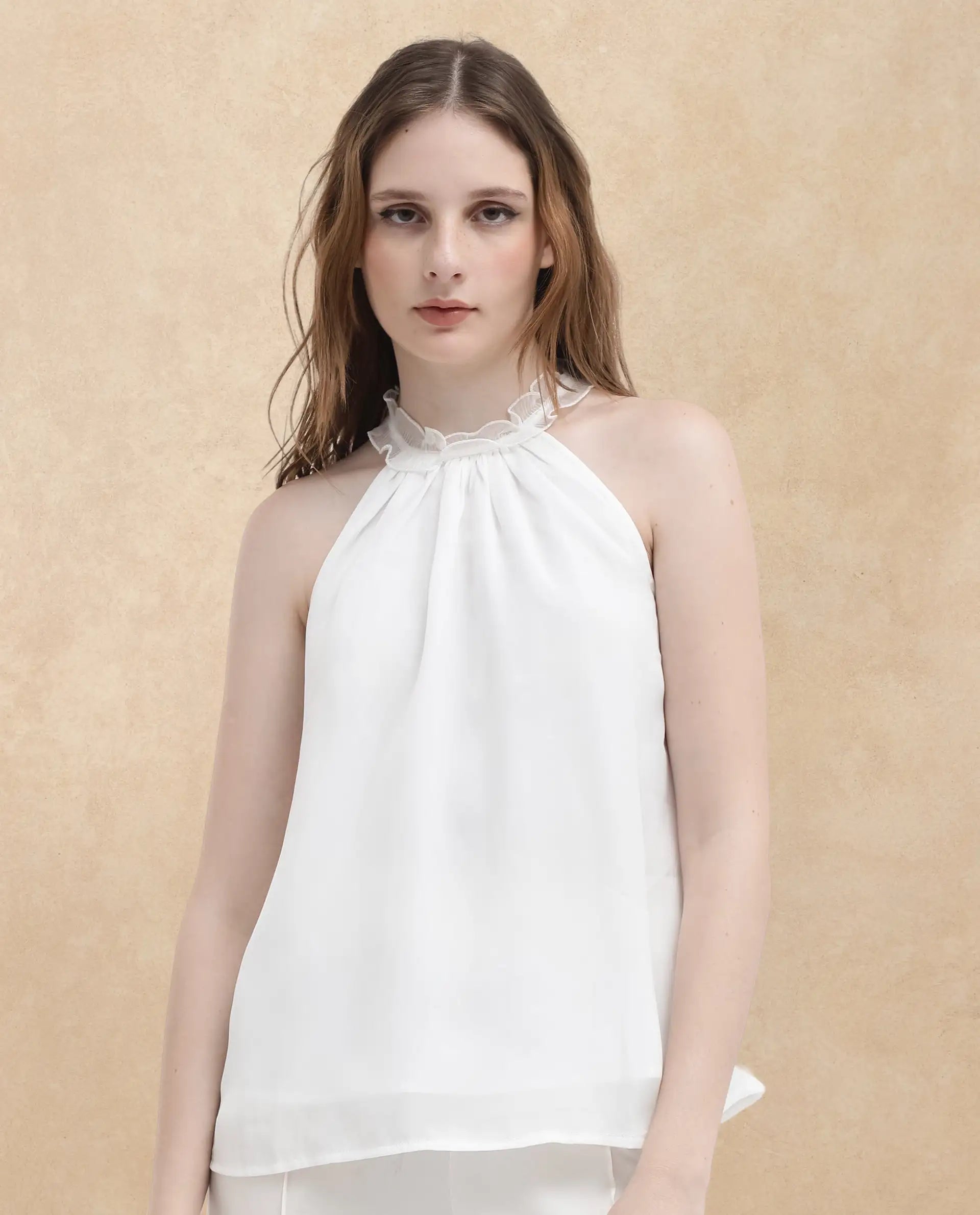 Rareism Women Akane White Polyester Fabric Halter neck Sleeveless Round Neck  Solid Top