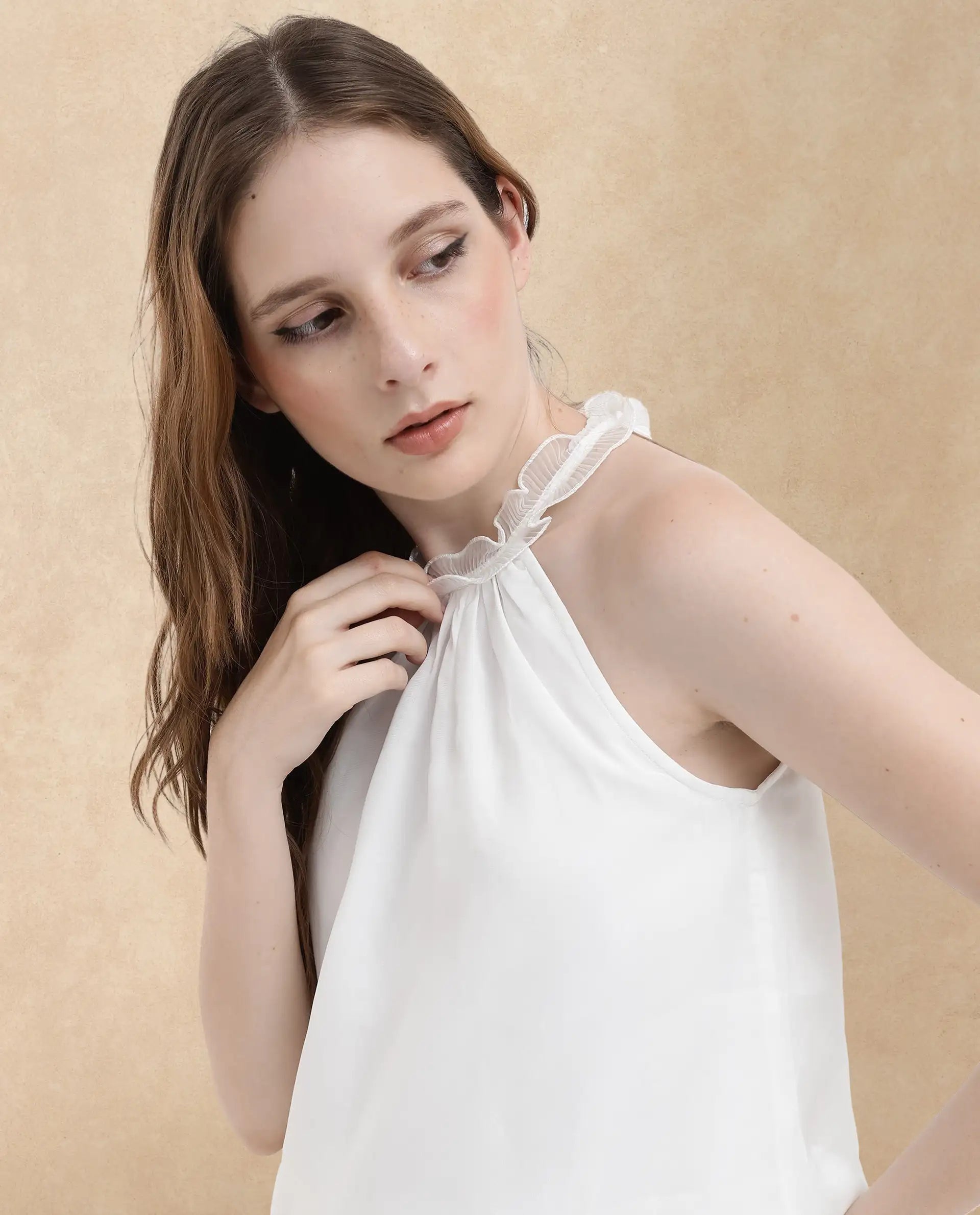 Rareism Women Akane White Polyester Fabric Halter neck Sleeveless Round Neck  Solid Top