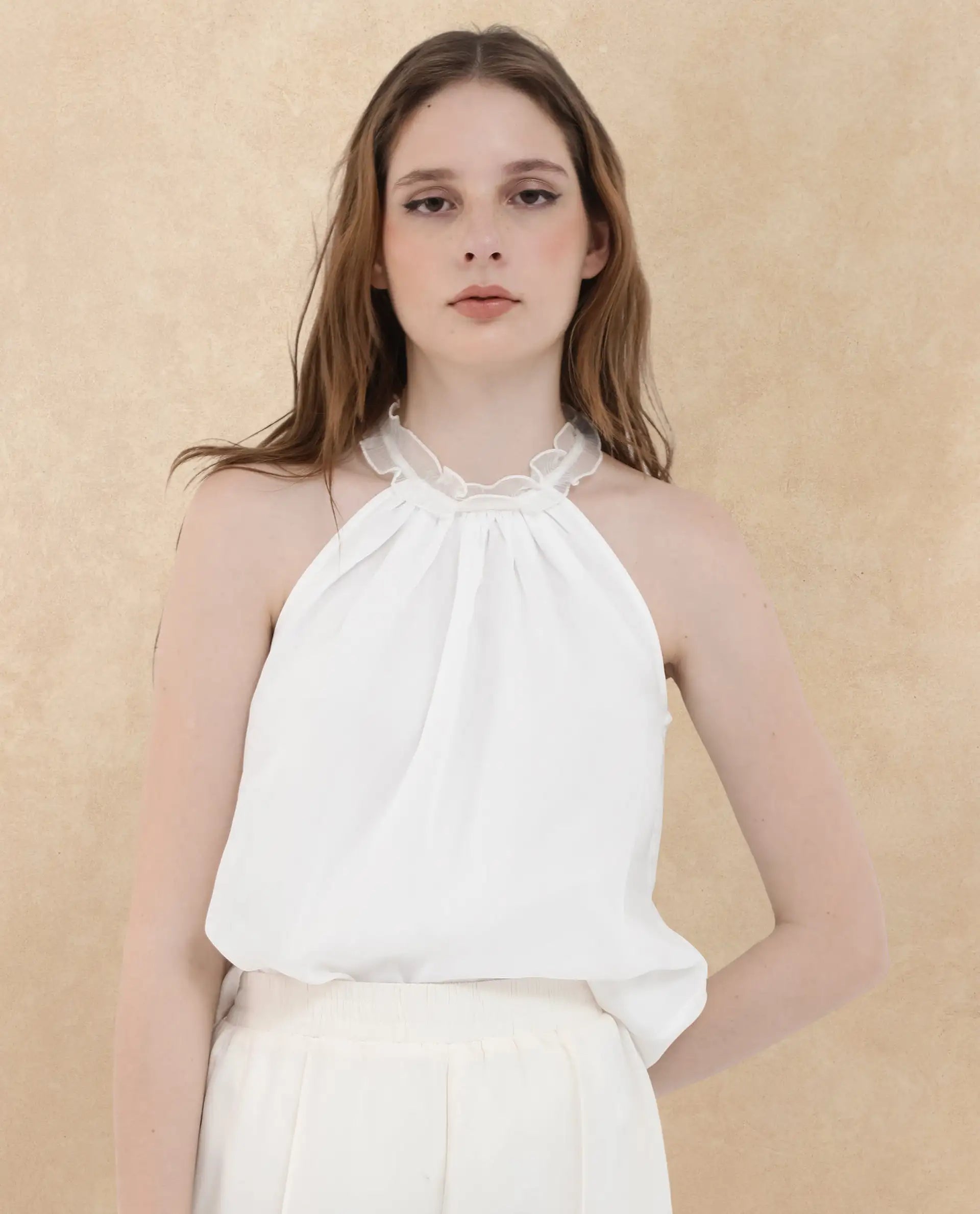 Rareism Women Akane White Polyester Fabric Halter neck Sleeveless Round Neck  Solid Top