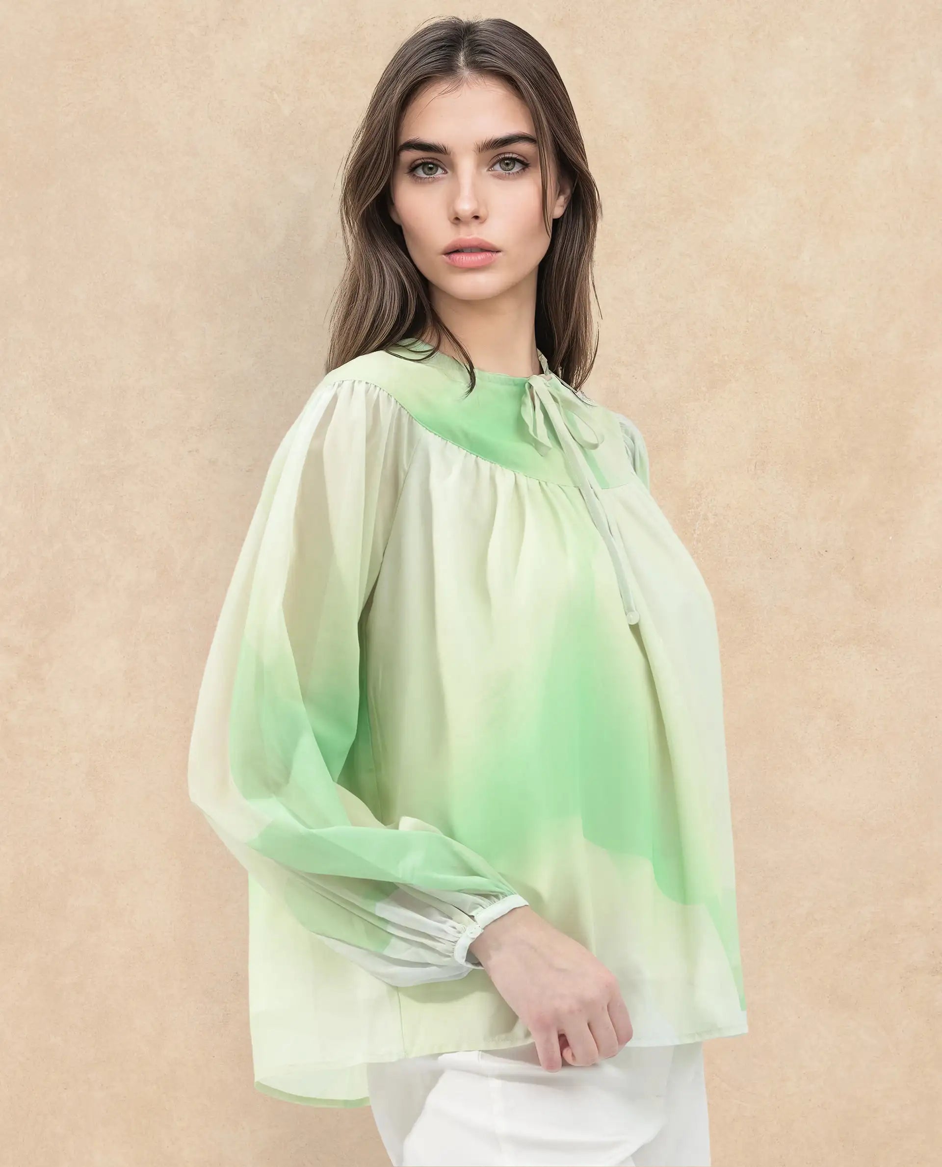 Rareism Women Alic Green Polyester Fabric Full Sleeve Round Neck Top