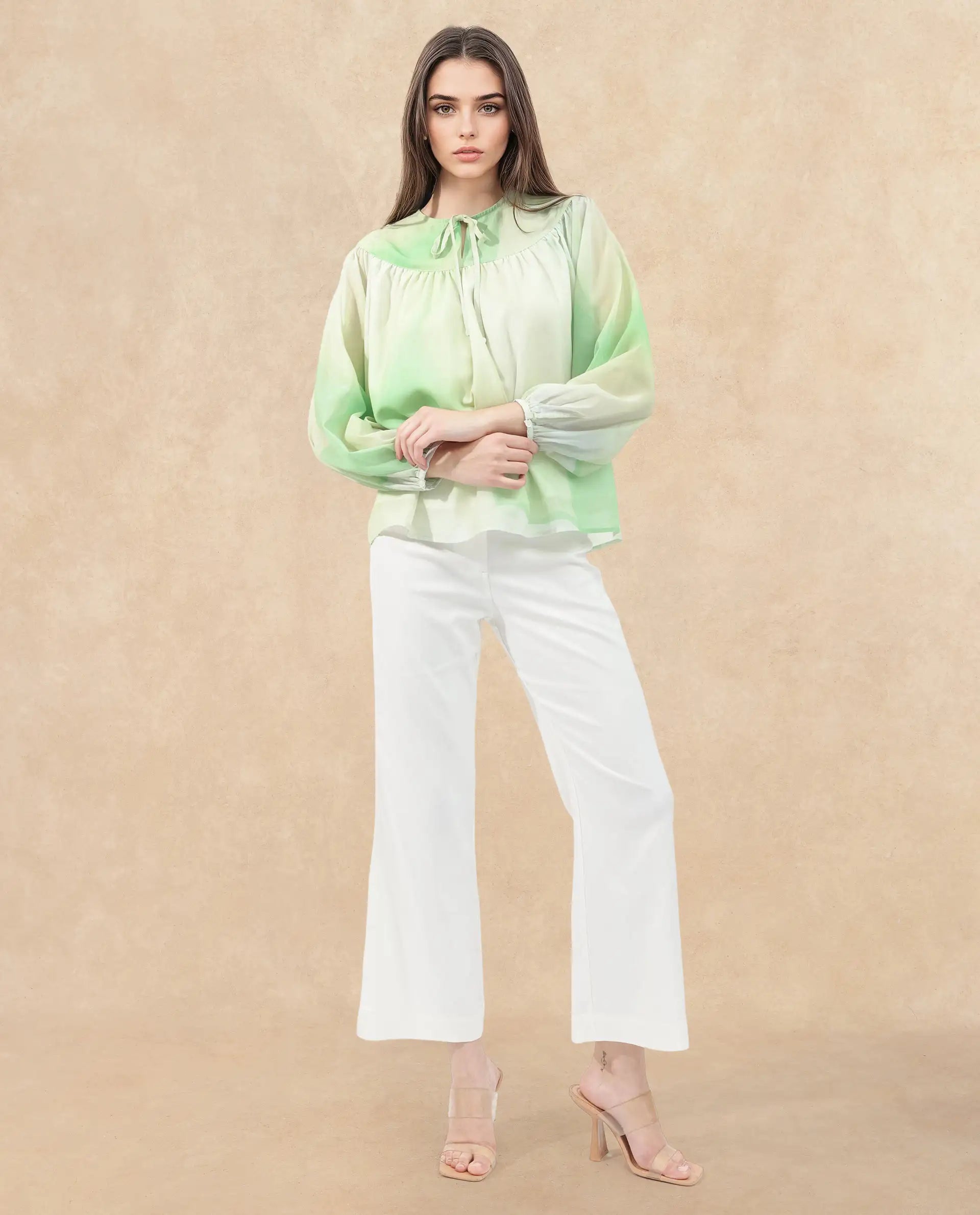 Rareism Women Alic Green Polyester Fabric Full Sleeve Round Neck Top