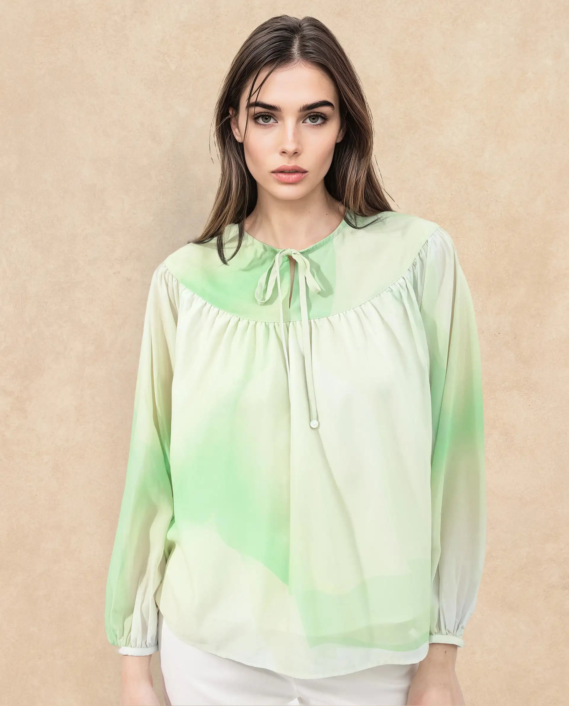 Rareism Women Alic Green Polyester Fabric Full Sleeve Round Neck Top