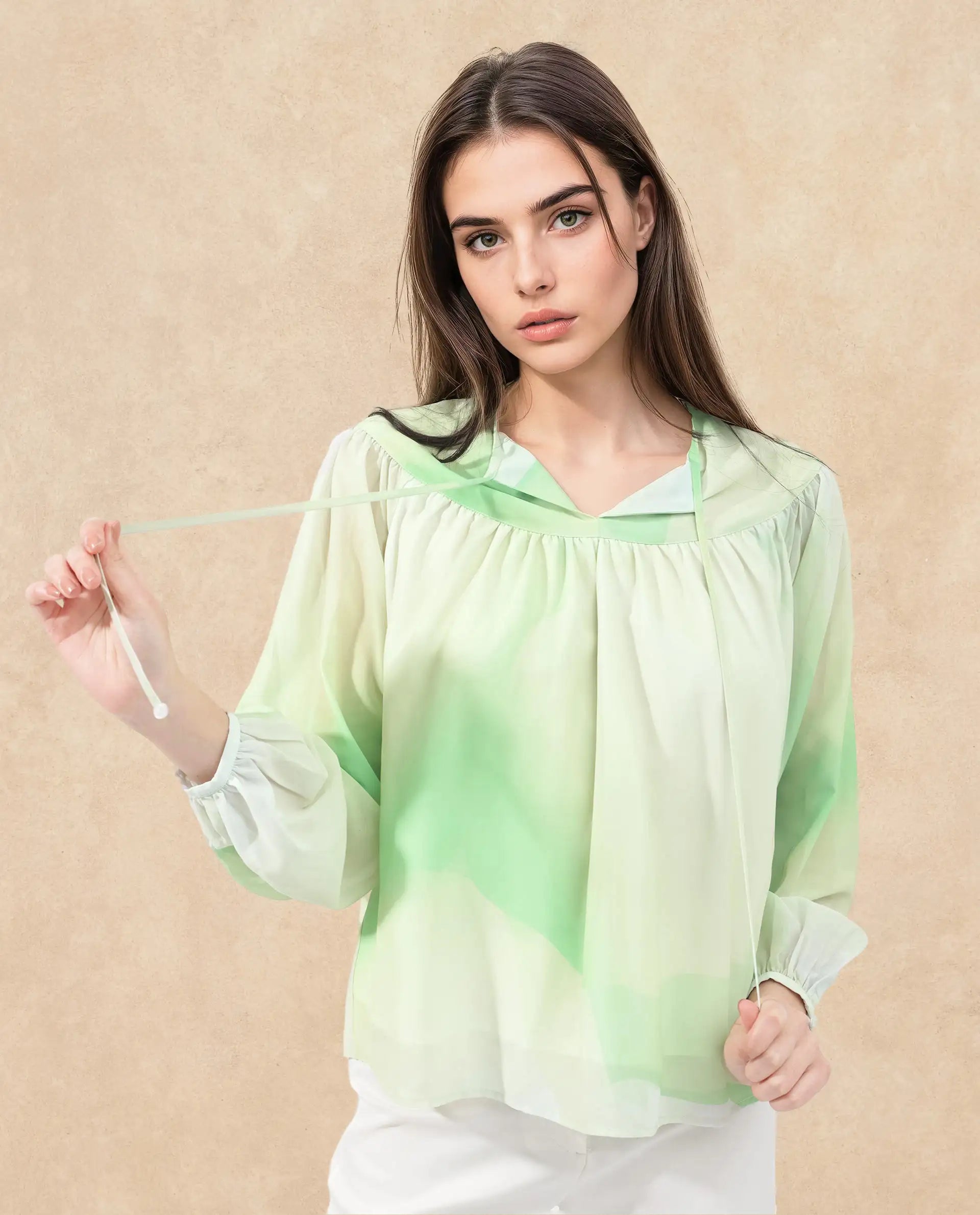 Rareism Women Alic Green Polyester Fabric Full Sleeve Round Neck Top
