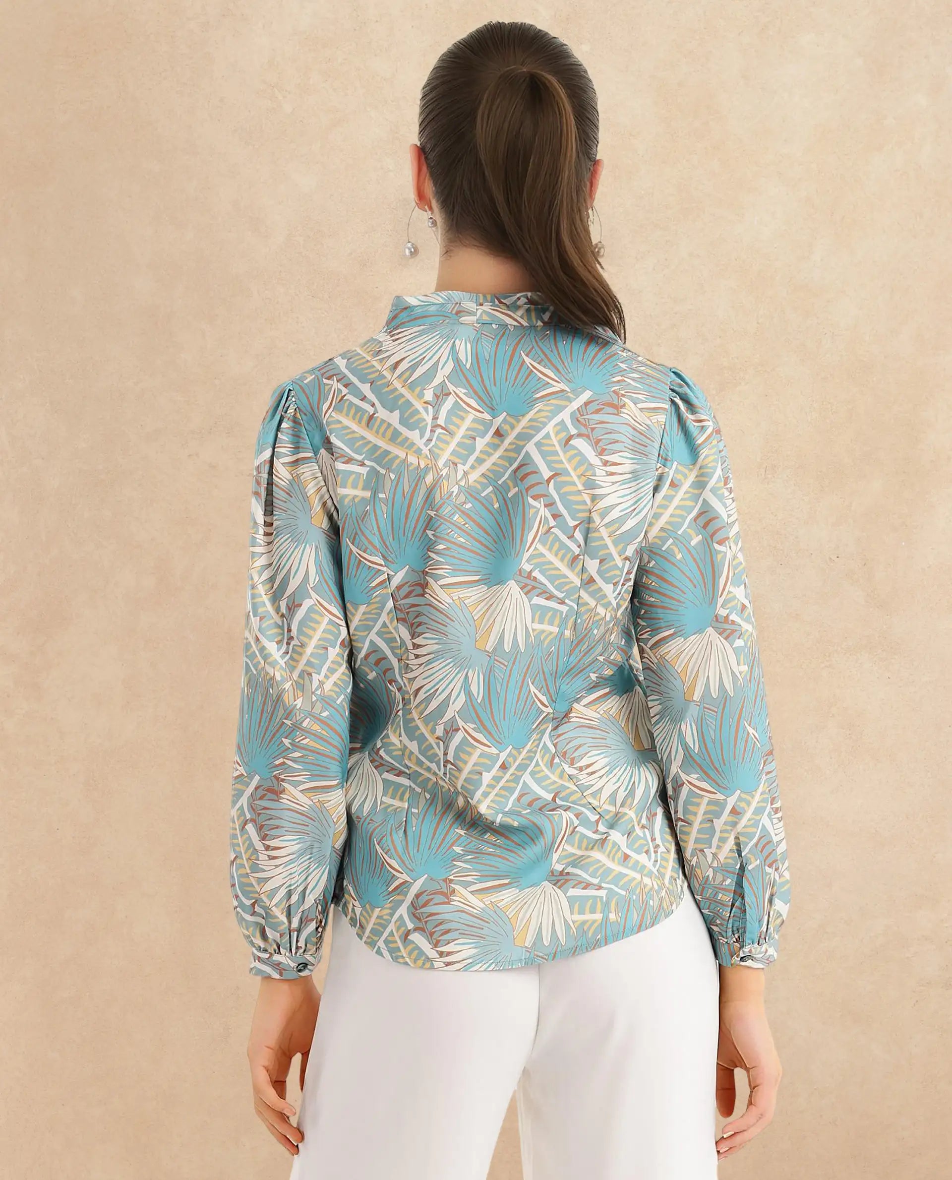 Rareism Women Alici Blue Bishop Sleeve Over Lap Neck Abstract Print Top