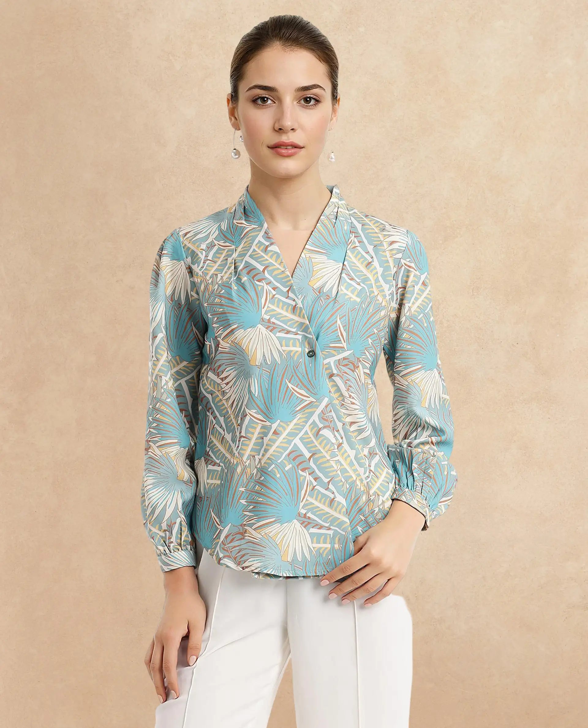 Rareism Women Alici Blue Bishop Sleeve Over Lap Neck Abstract Print Top