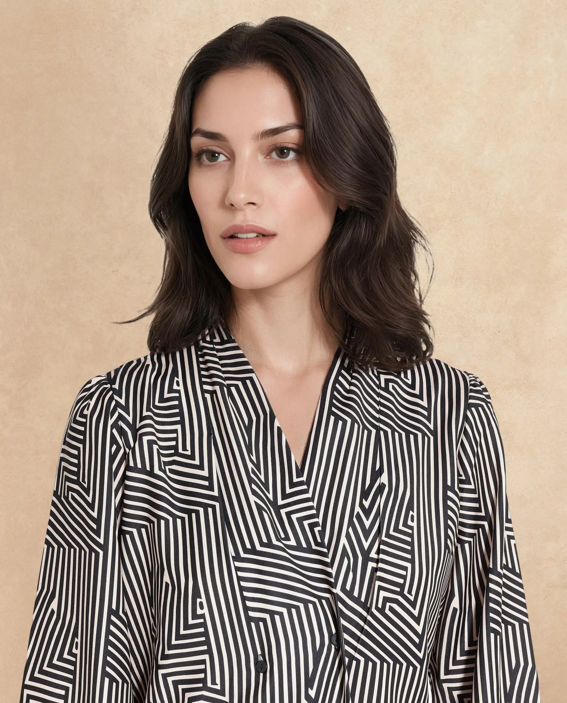 Rareism Women Alie Black Bishop Sleeve Over Lap Neck Geometric Print Top