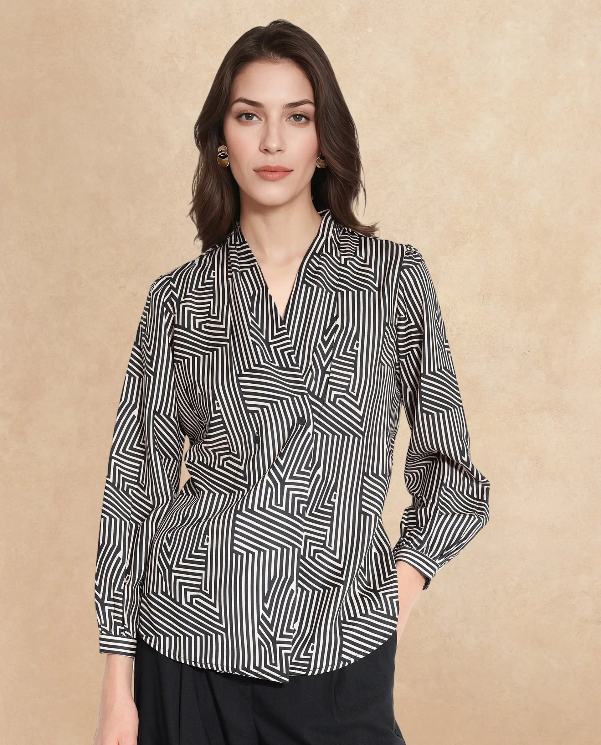 Rareism Women Alie Black Bishop Sleeve Over Lap Neck Geometric Print Top